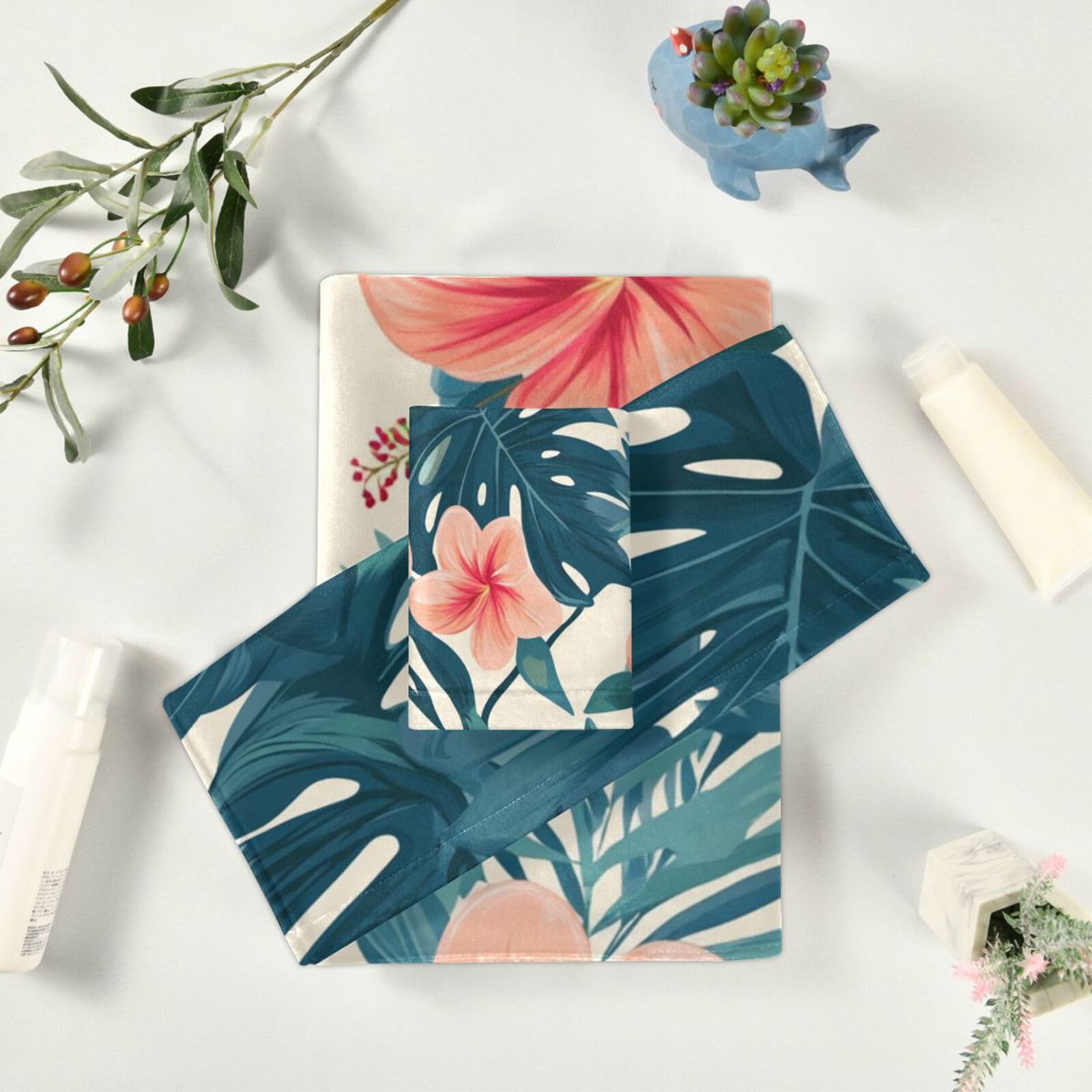 Set di 3 asciugamani per la pulizia del viso in stile tropicale con foglie verdi e fiori rossi, 1 asciugamano da bagno, 1 asciugamano per le mani, 1 panno per il viso del corpo