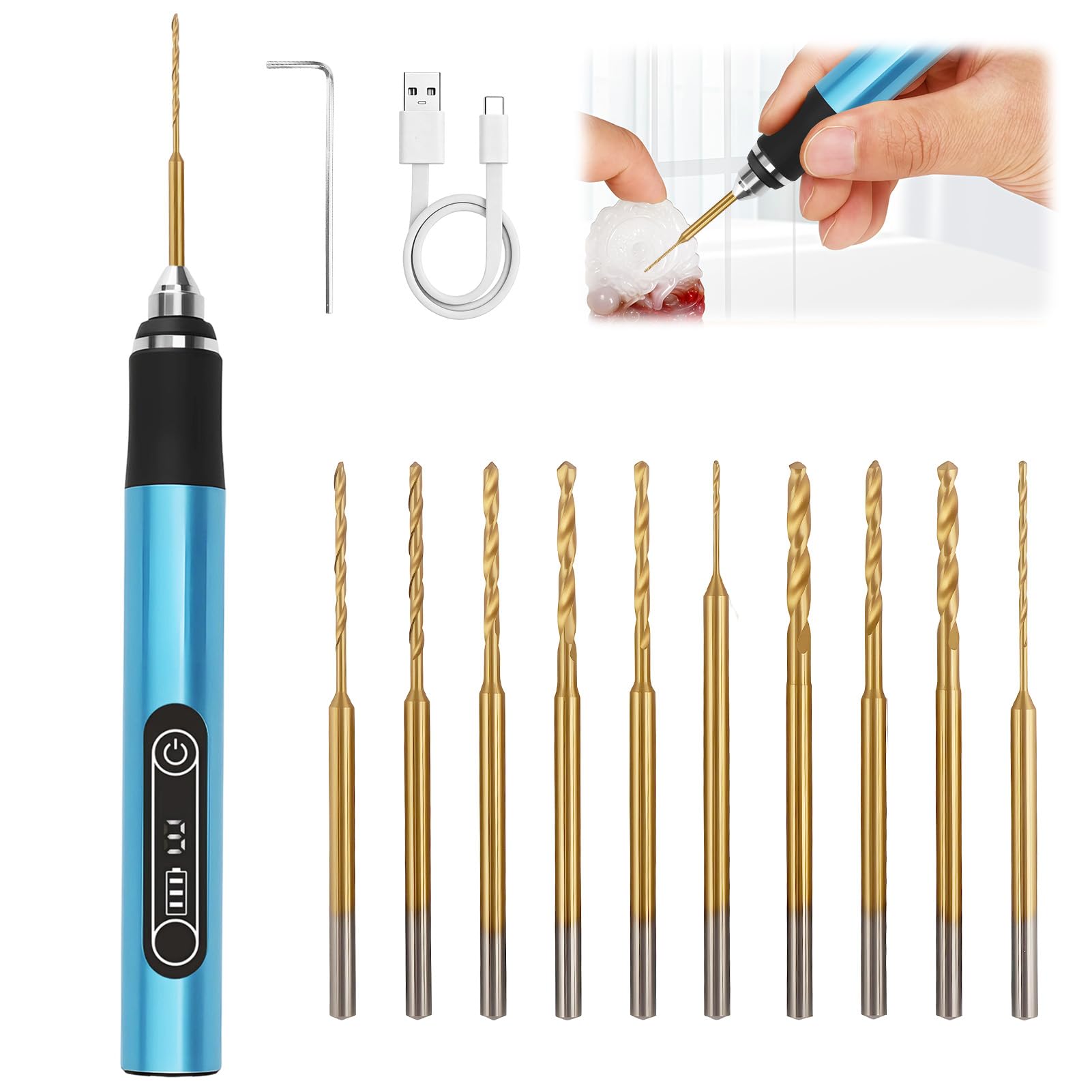 3-Speed Mini Electric Drill Pen, USB Rechargeable with 10 Drill Bits