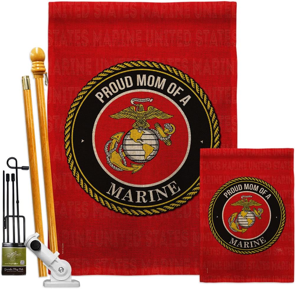 Marine Corps Proud Mom Marines Burlap House Flag Armed Forces USMC Semper Fi United State American Military Veteran Retire Official Small Decorative Gift Yard Banner Double-Sided Made In USA 28 X 40