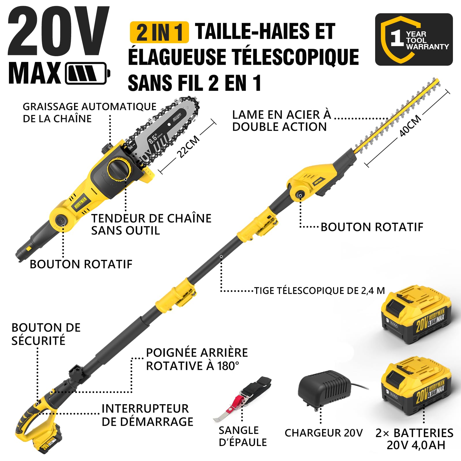 Alloyman 20V Max Taille-haie télescopique sans Fil 2-en-1 et élagueuse sur Perche, avec 2 Batteries de 4,0 Ah et Chargeur, scie télescopique de 2,4 m pour la Taille des Haies et des arbustes