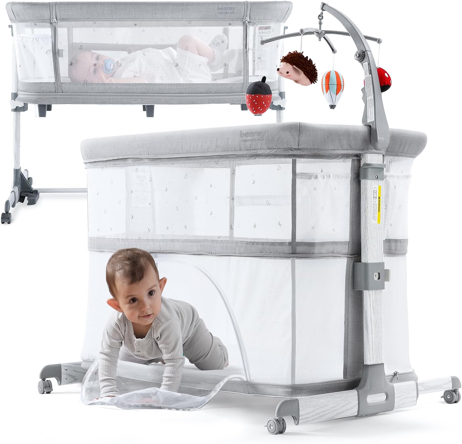 besrey5 in 1 Baby Bassinet Bedside Sleeper, Playpen with Bassinet & Baby Cradle, Height Adjustable Bedside Crib Bassinet for Newborn Infant, Bassinet for Baby with Mobile Toy Hanger, Mattress