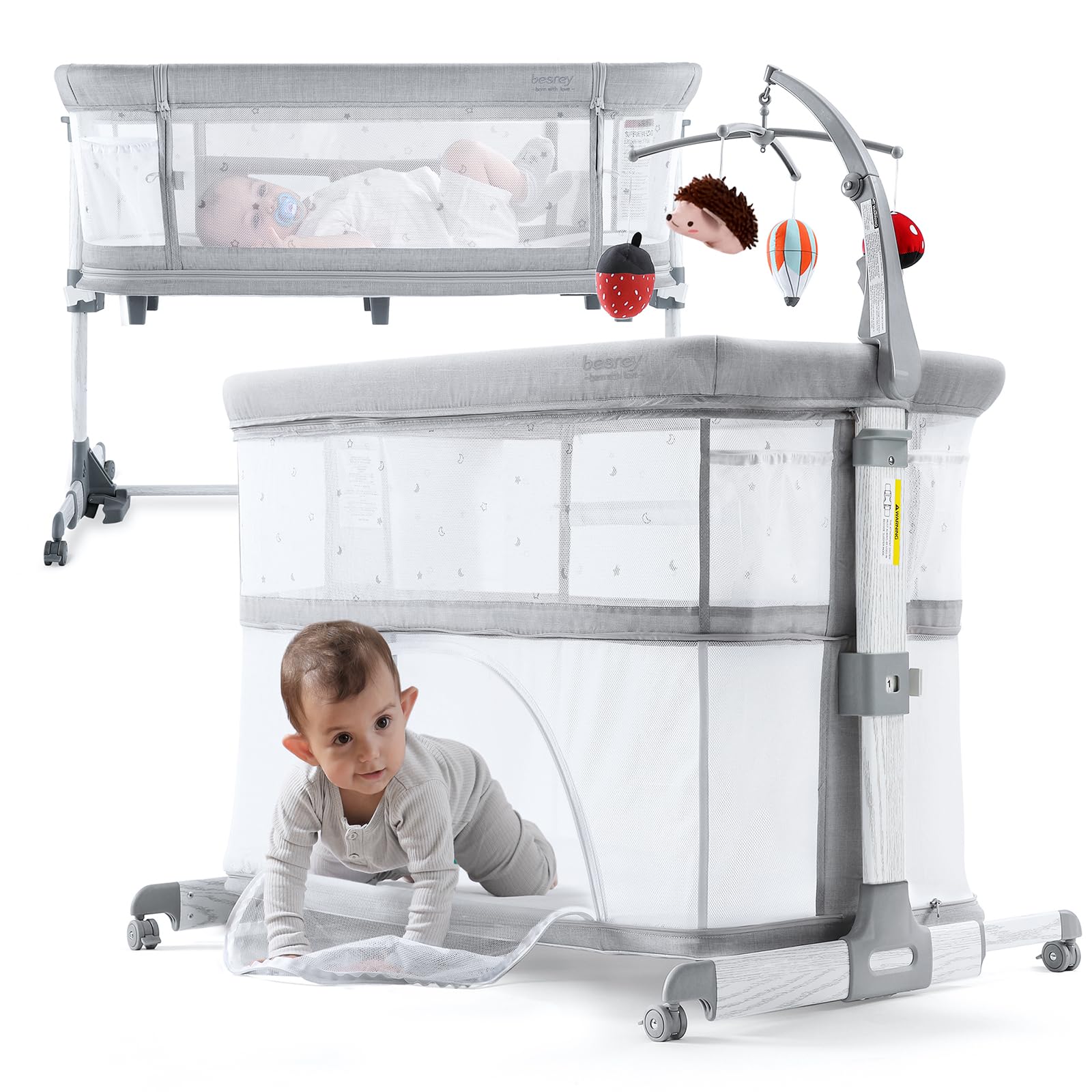 besrey5 in 1 Baby Bassinet Bedside Sleeper, Playpen with Bassinet & Baby Cradle, Height Adjustable Bedside Crib Bassinet for Newborn Infant, Bassinet for Baby with Mobile Toy Hanger, Mattress