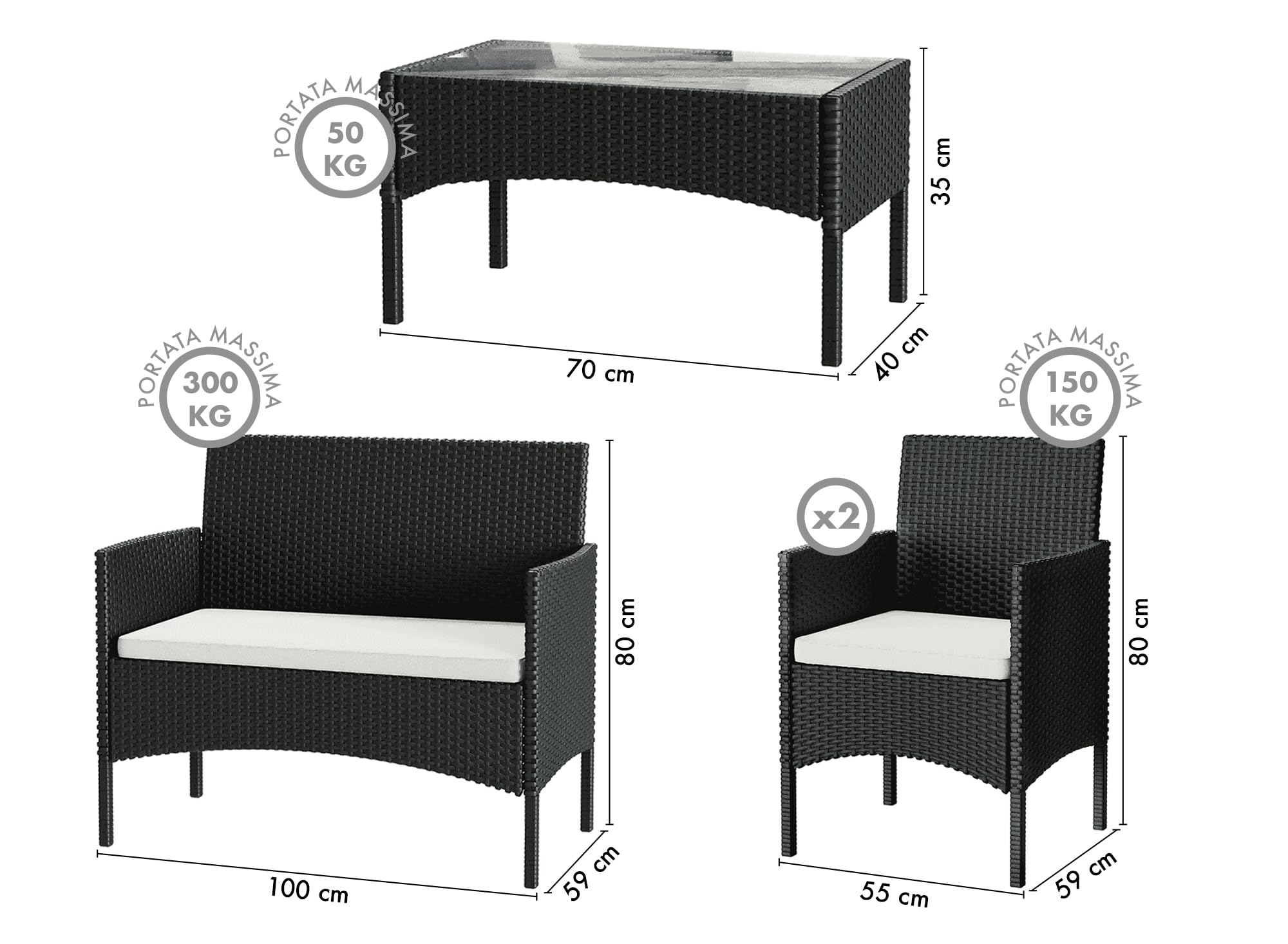 Salotto da Esterno in Rattan 4 Posti con Divano, 2 Poltrone e Tavolo in Vetro Temperato – Set Giardino Premium Waterproof con Cuscini Sfoderabili per Terrazzo e Patio - Salotto Relax Estivo (Rattan)