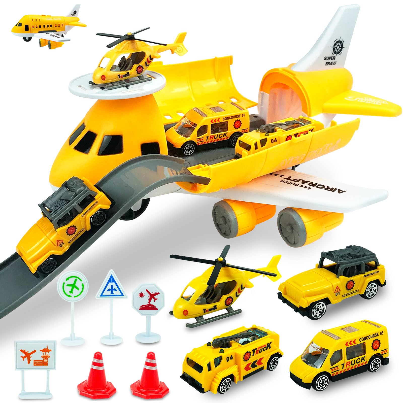 Airplane & Helicopter Toy Set for Toddlers 3-6 Year Old Boys Girls, Transport Plane with Toy Cars, DIY Sensory Set, Excellent Toddler Birthday Gift