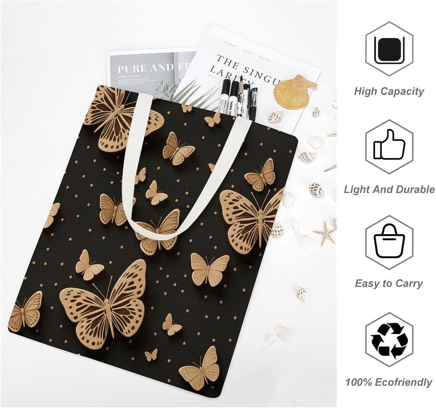 Golden Butterflies Canvas Tote Bag Reusable Grocery Bags Foldable Soft Cotton Shoulder Carry Bag