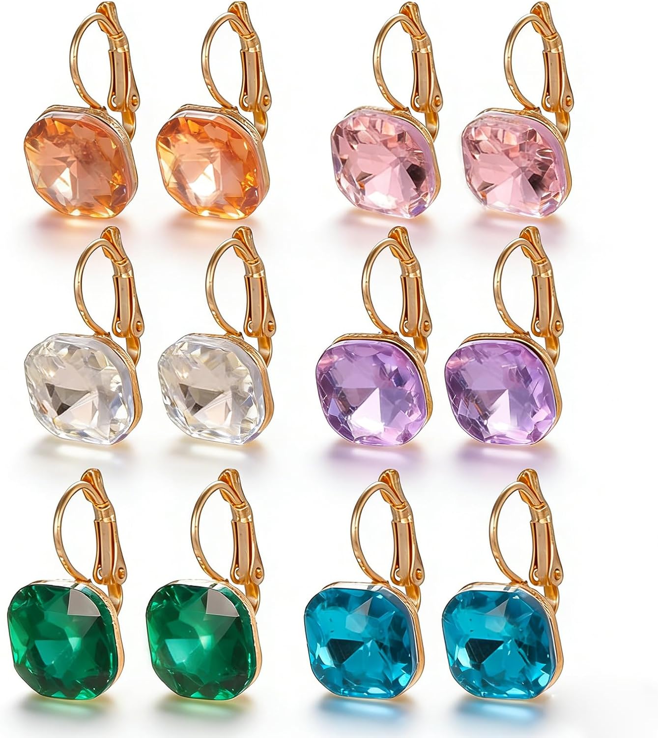 6 Pairs Multicolor Square Austrian Crystal Drop Earrings for Women 14K Gold Plated Leverback Hypoallergenic Dangle Earrings Wedding Party Daily Fashion Jewelry Set