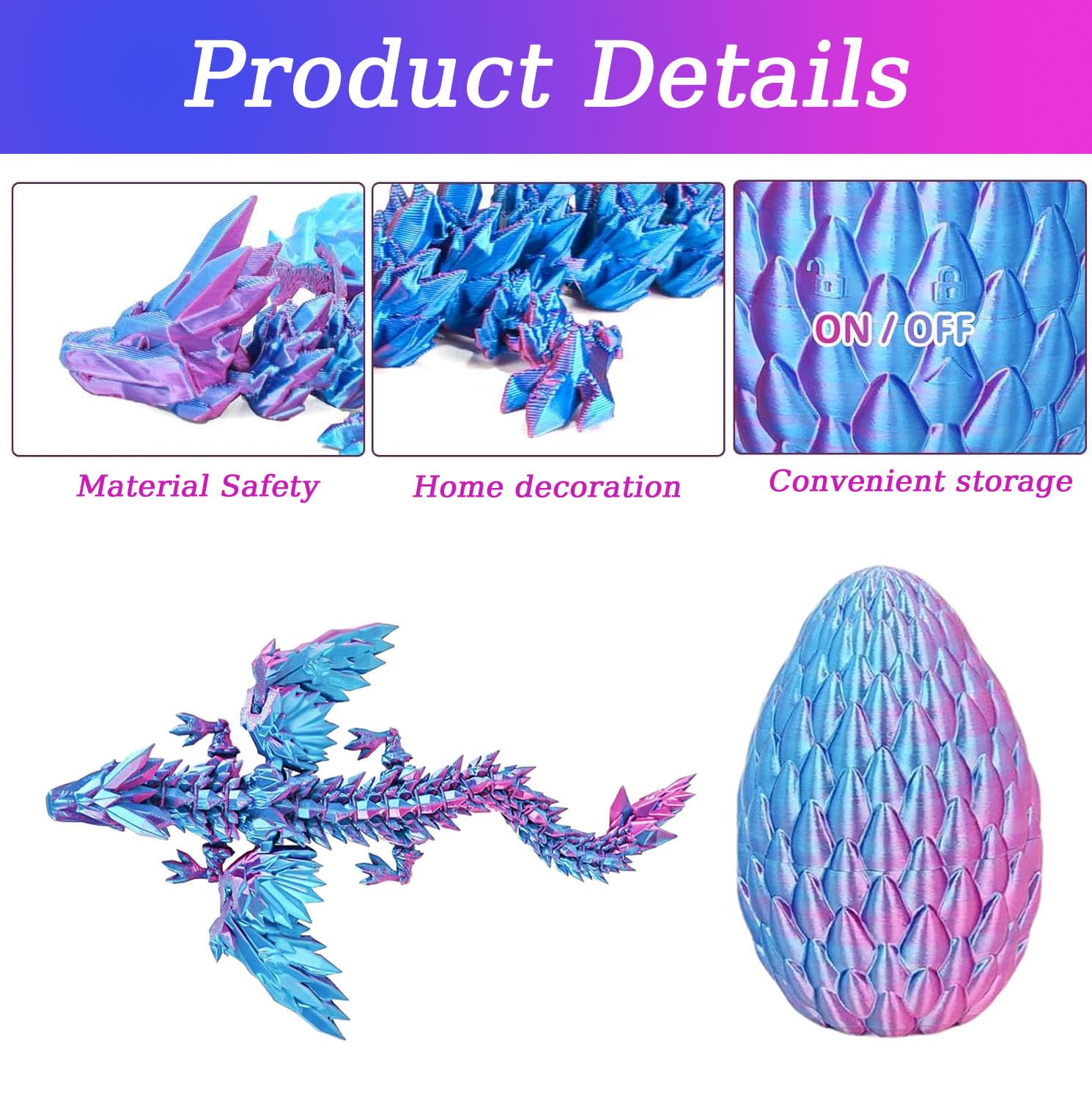 3D Printed Dragon in Egg - Fully Articulated Crystal Figurine for Christmas Easter Birthdays Executive Desk Decor (Purple) - Image 4