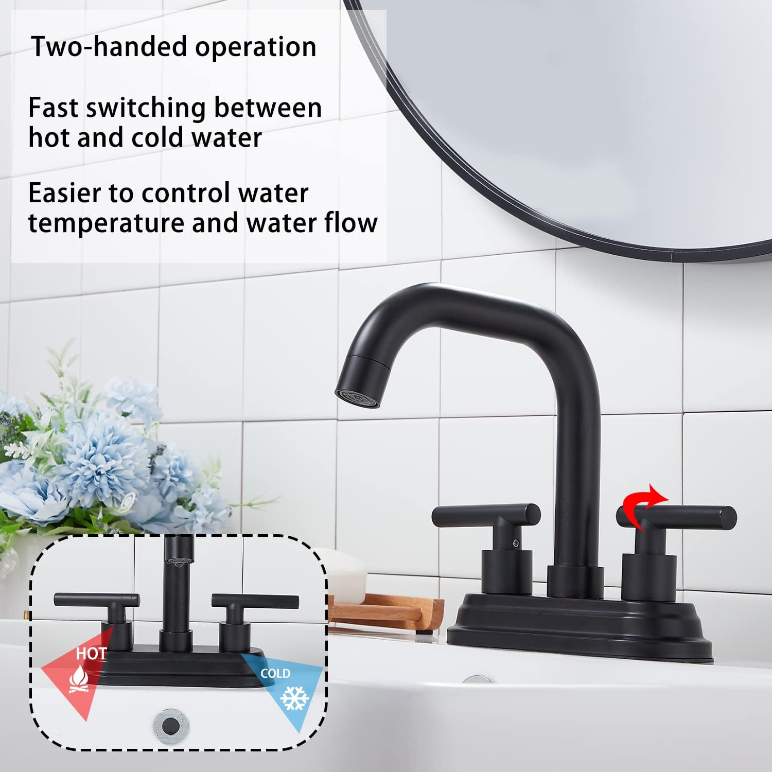 Free Shipping Offer Matte Black Bathroom Faucet GGStudy 2-Handles 4 Inches Centerset Bathroom Vanity Faucet with Drain Assembly and Supply Hose Lavatory Faucet Mixer Double Handle Tap Deck Mounted