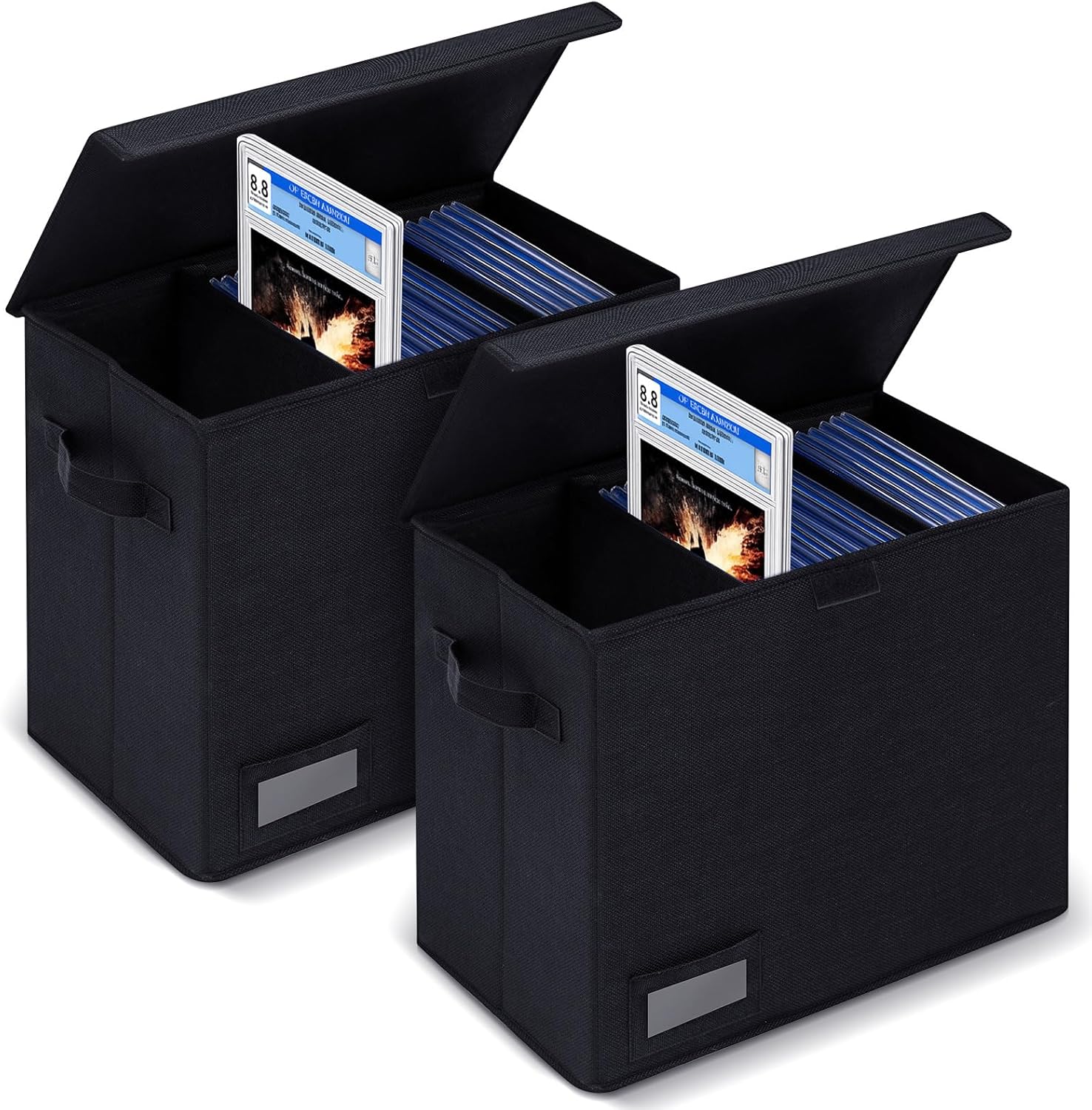 2 Pack Graded Comic Book Storage Box 15.5 x 9.5 x 13.5 Inch Collapsible Holds 56 Comic Book Organizer with Lid Labe 3 Removable Box Partitions, Black
