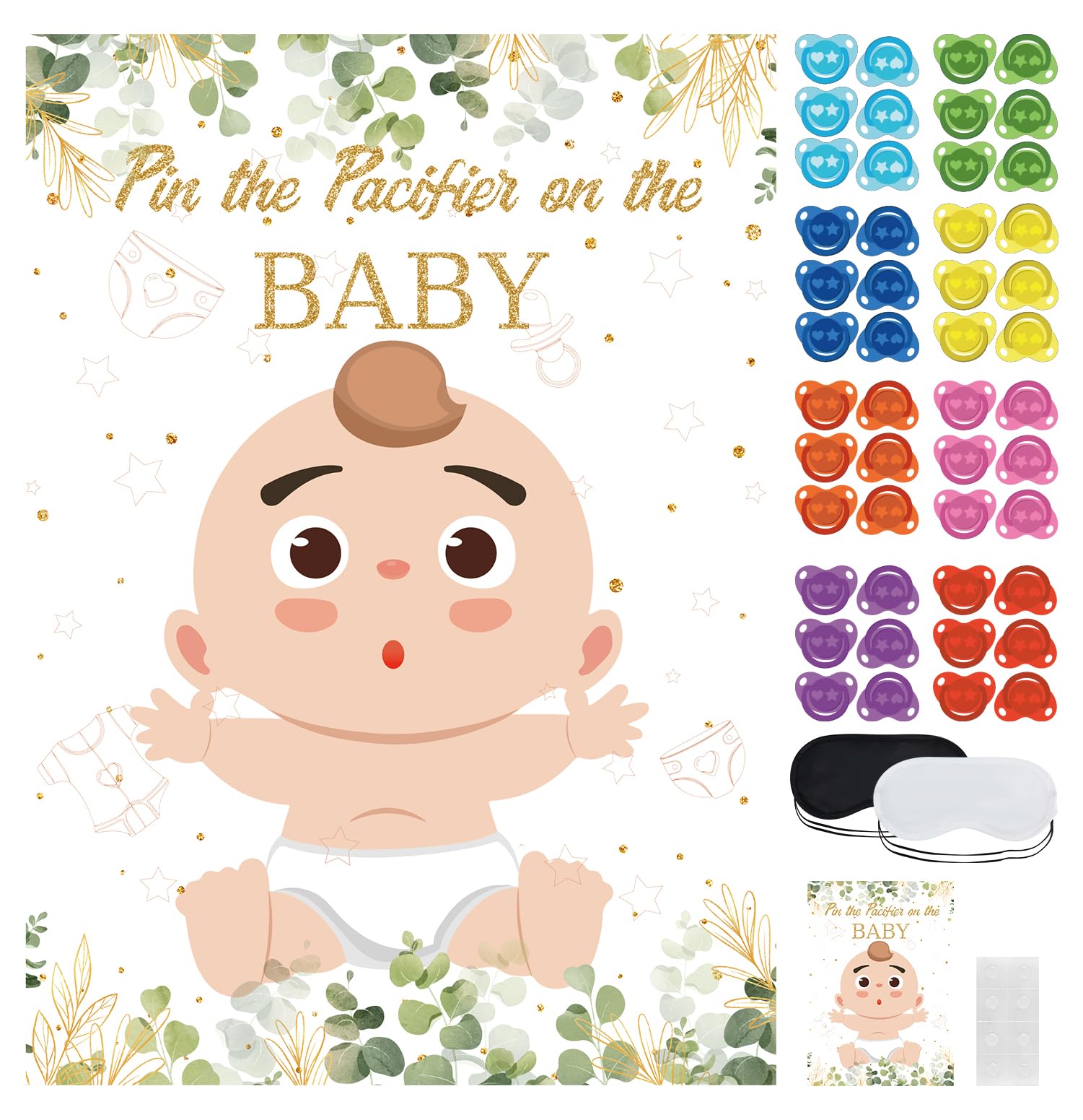 SietDESEO Pin The Pacifier on The Baby Game with 48 Pcs Pacifier Stickers Large Eucalyptus Babys Poster Games for Kids Birthday Baby Shower Party