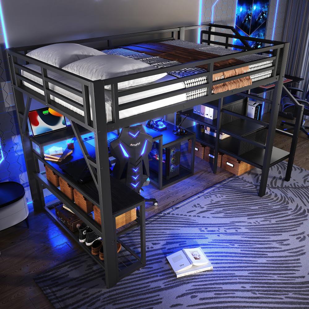 Sapgaks Lit Mezzanine 1 Place Enfant 140 x 200 cm avec éclairage LED et Port USB,lit Mezzanine avec Bureau lit superposé Enfant,lit Mezzanine escalier avec Espace de Rangement,Noir
