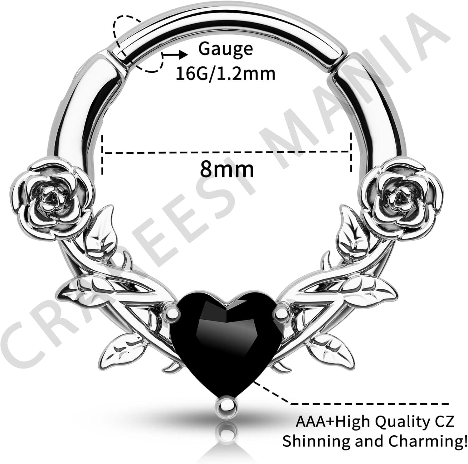 CM Crareesi Mania Rose Septum Rings 16G Septum Piercing Jewelry 316L Stainless Steel Daith Earrings Heart CZ Helix Cartilage Conch Piercing Jewelry for Women - Image 3