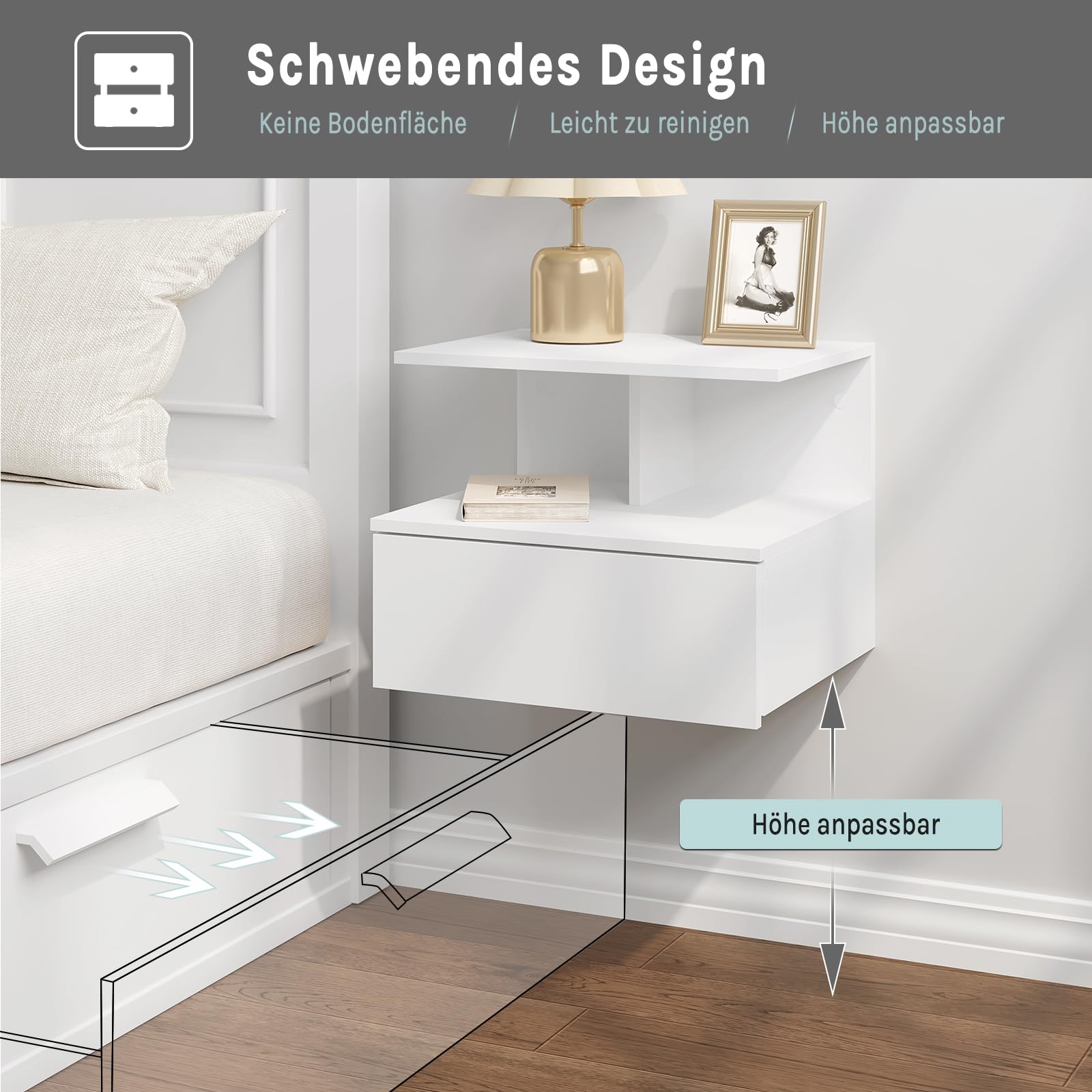 WOLTU 2er Set Nachttisch hängend, schwebender Nachtschrank mit Schublade, Wandregal Nachtkommode, offenem Fach, 40x31x35 cm, Nachtkonsole, Wandschrank, aus Holzwerkstoff, weiß, NTS03ws-2