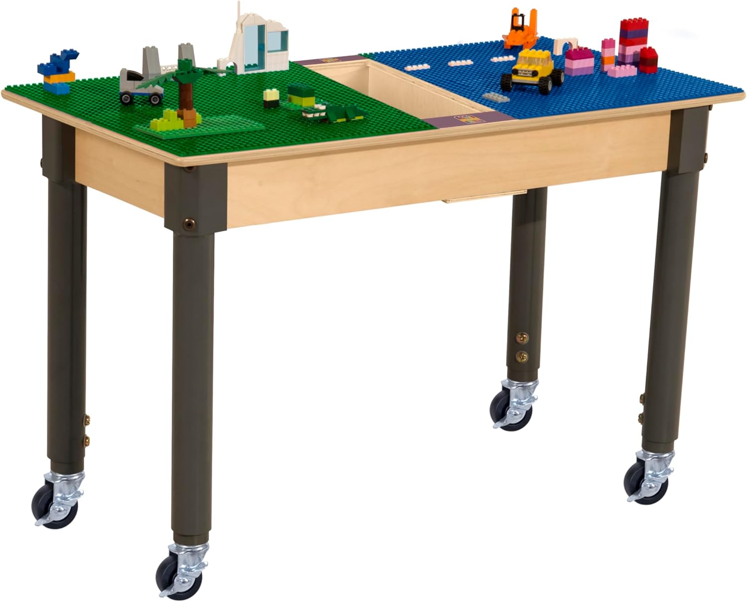 Wood Designs Time-2-Play Montessori Play Table, Reactangular Birch Plywood Red & Blue Lego Compatible Building Blocks Table with a Trough and Wheels for Kids 18”-29” Adjustable Legs