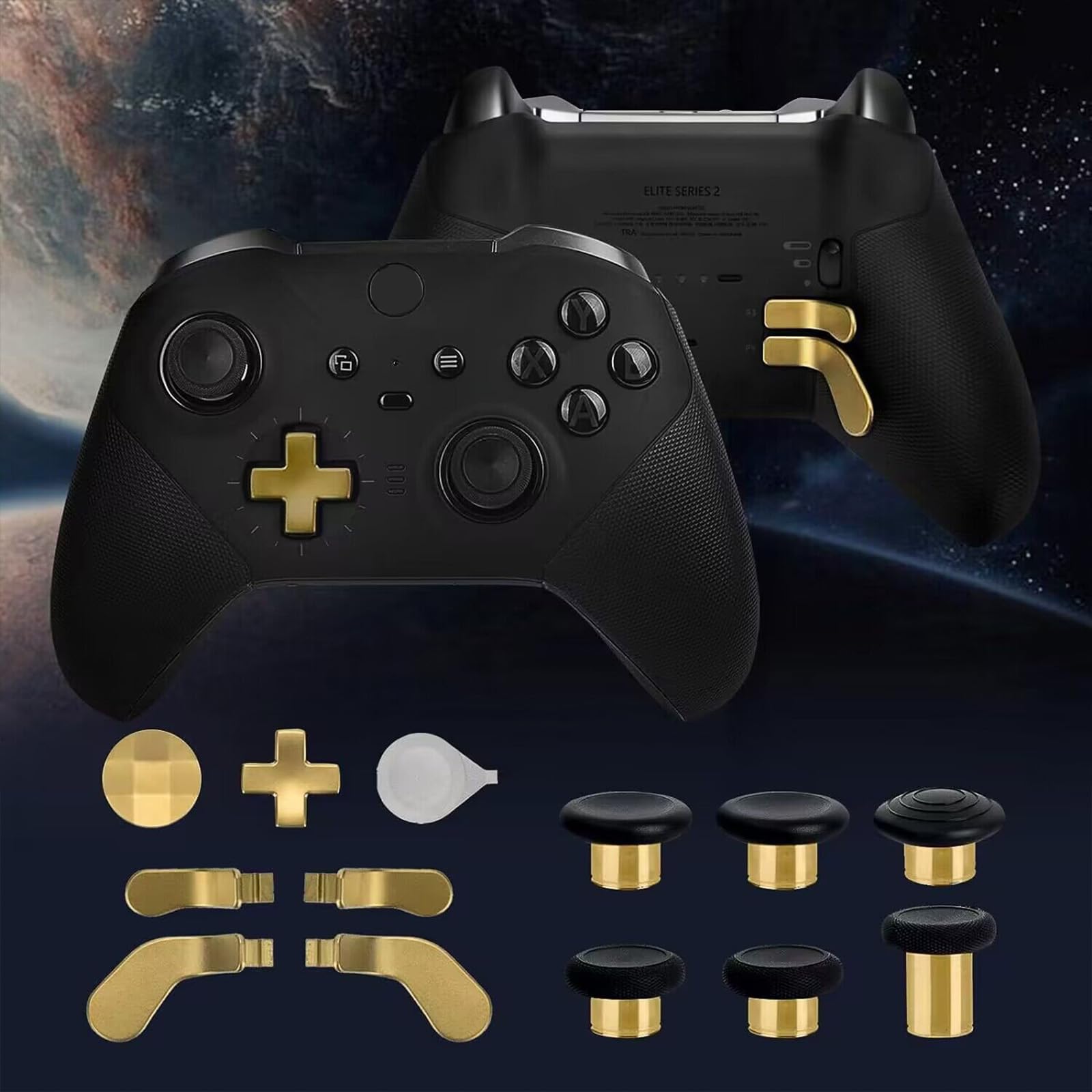 13 in 1 Metal Thumbsticks for Xbox Elite Controller Series 2 Accessories, Replacement Magnetic Buttons Kit Includes 6 Metal Plating Joysticks, 4 Paddles, 2 D-Pads, 1 Adjustment Tool (Chrome Gold)