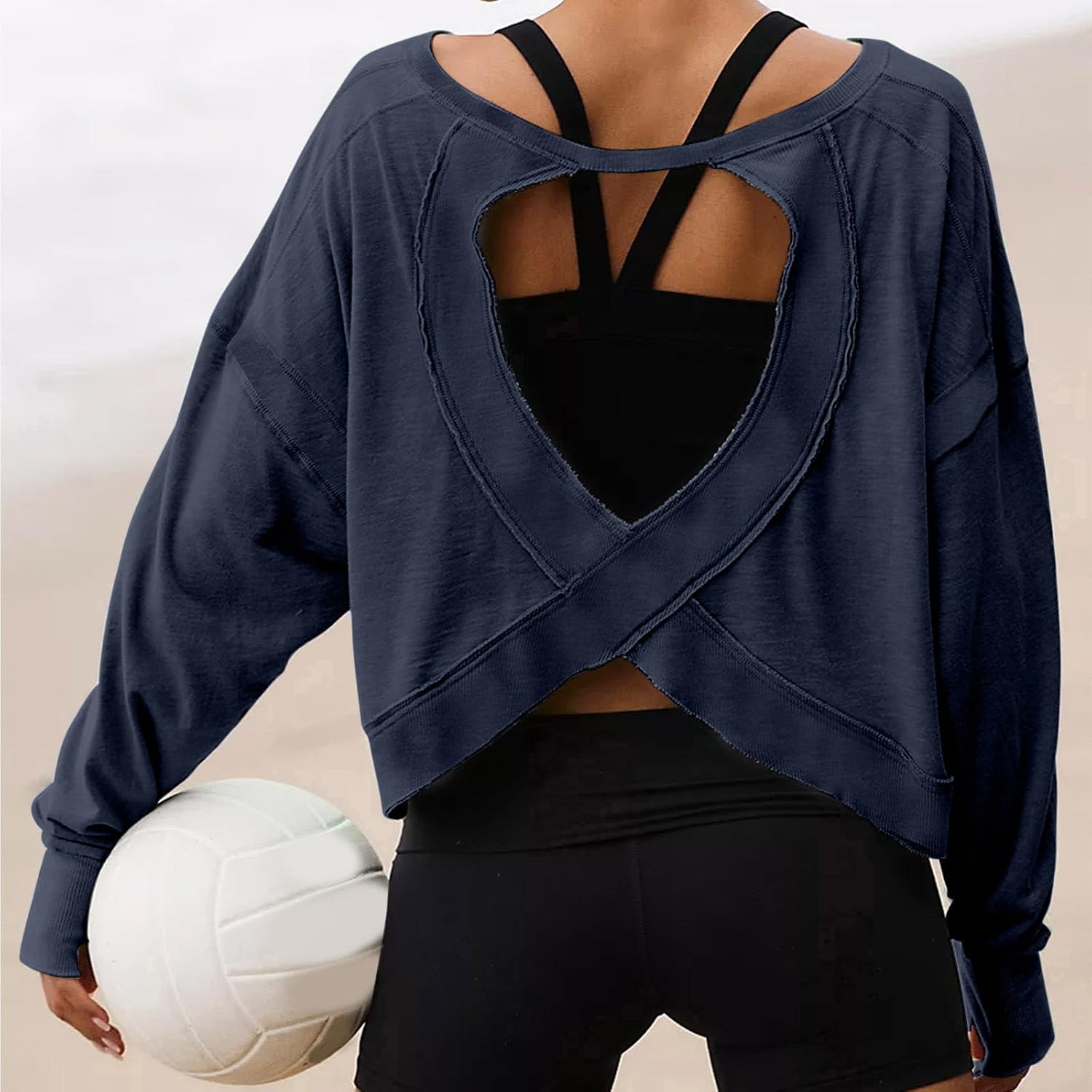 Women's Workout Tops Open Back Long Sleeve Athletic Pullovers Blouse Casual Loose Running Gym Yoga Tee Shirts