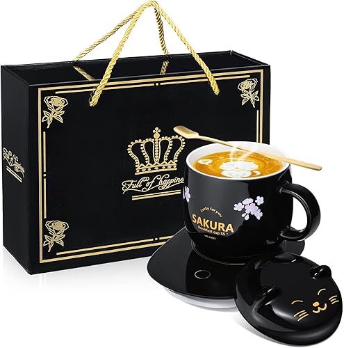 Miniatura 7 de Calentador de taza de café con taza para mujer, calentador eléctrico de taza de café con control de temperatura, de cerámica, lindo gato, calentador
