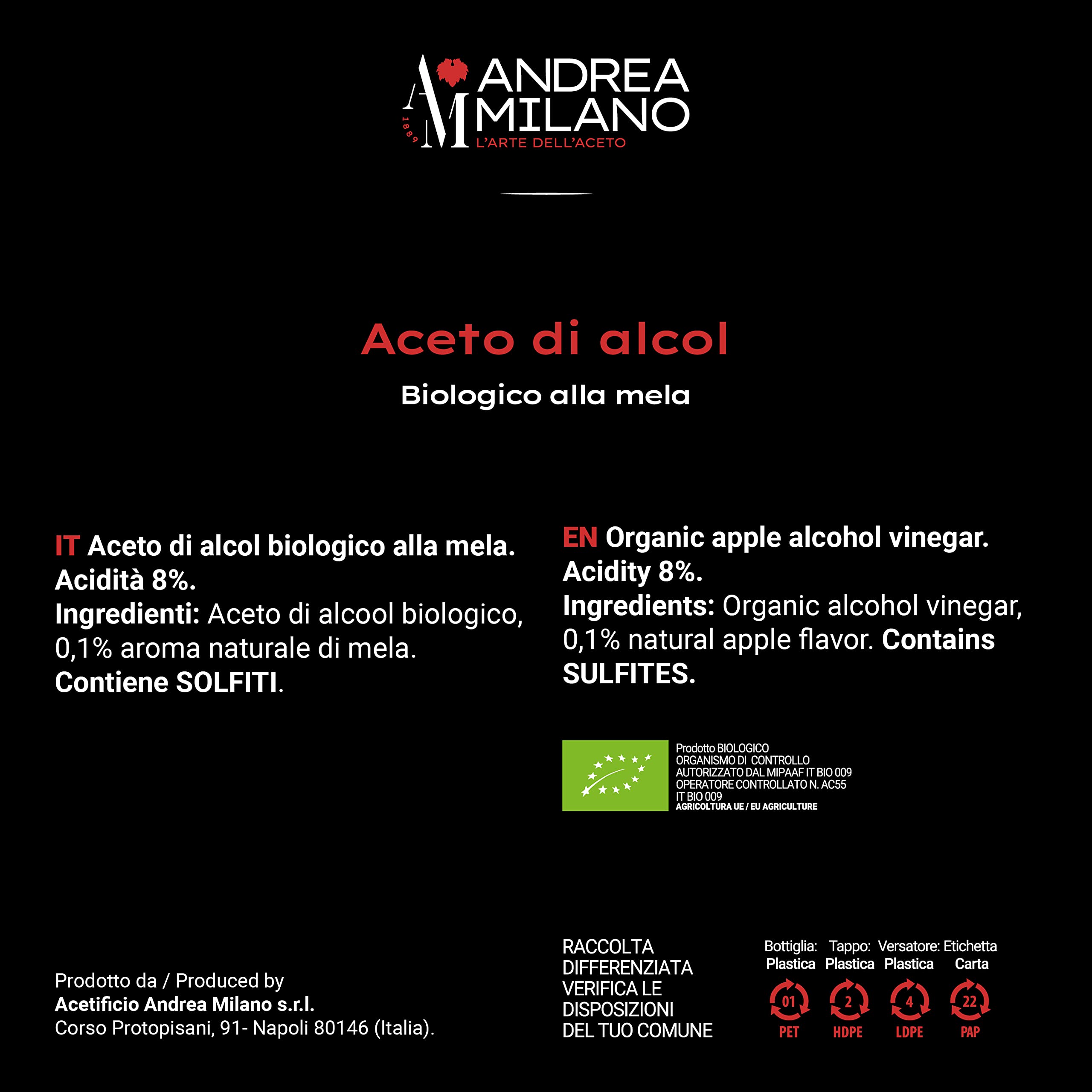 Andrea Milano, Splendi Aceto, Aceto di Alcool 100% Naturale Aromatizzato alla Mela, Acidità 8%, per Qualsiasi Impiego, Multiuso, Ideale per la Pulizia della la Casa, 12 Bottiglie PET da 1 L