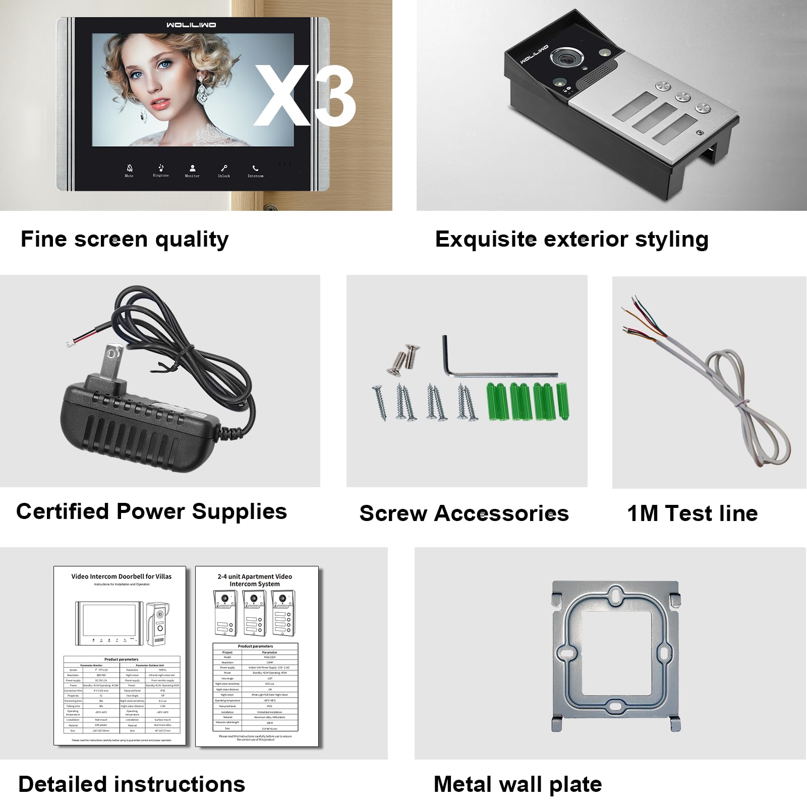 Video Türklingel mit Kamera,3-familienhaus Video Doorbell Intercom with 7-Inch Monitor,Sprechanlage mit türöffner,4 Wires,Night Vision, IR Sensor, 52 Ringtones