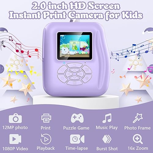Miniatura 2 de Cámara para niños, impresión instantánea, regalos de cumpleaños de Navidad para niñas de 3 a 10 años, cámara digital selfie de 12 MP para niños