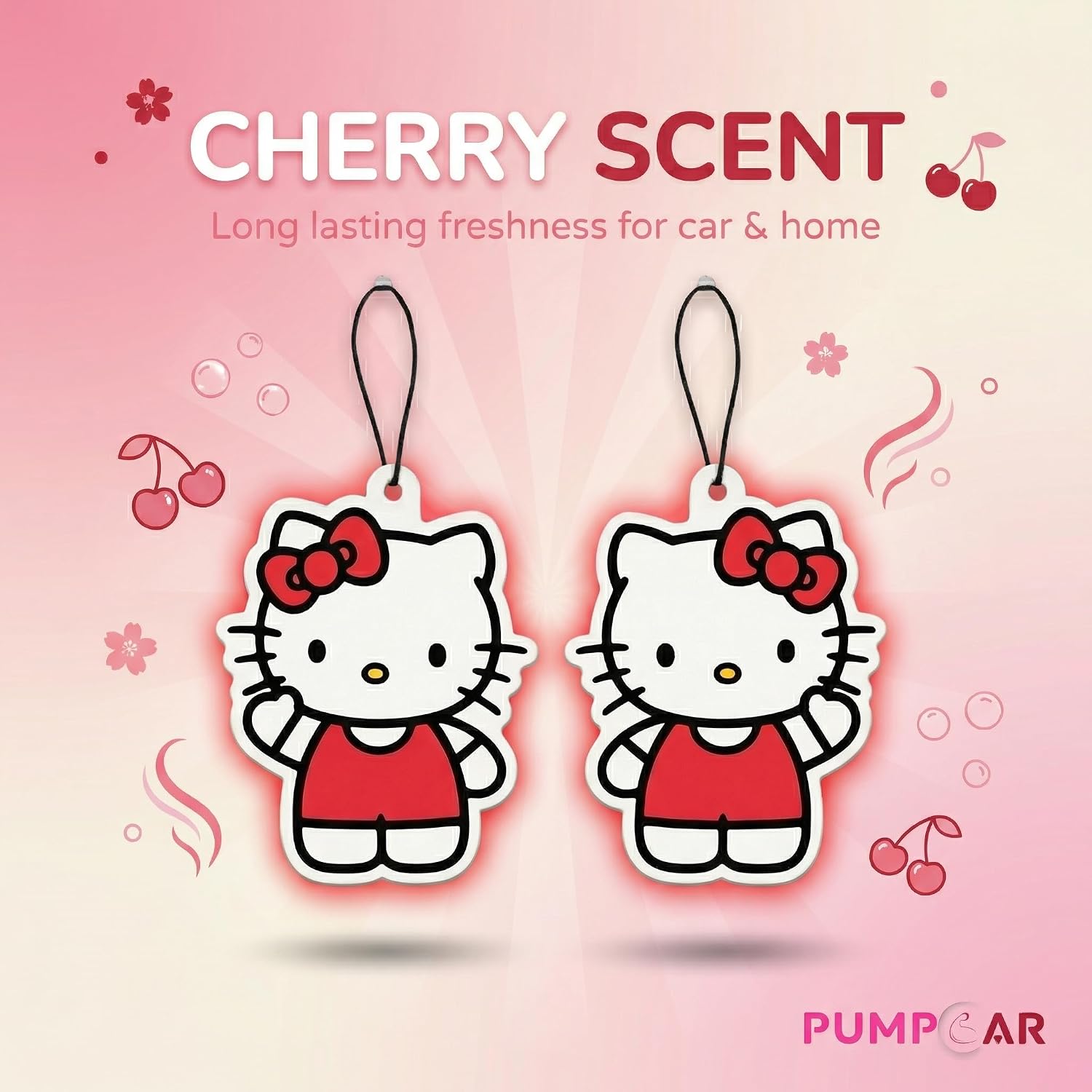 PumpCar 2 pieces double-sided Hello Kitty hanging cartoon cherry-scented funny car air freshener Cool hanging for rearview mirror Car Interior Accessories Gifts