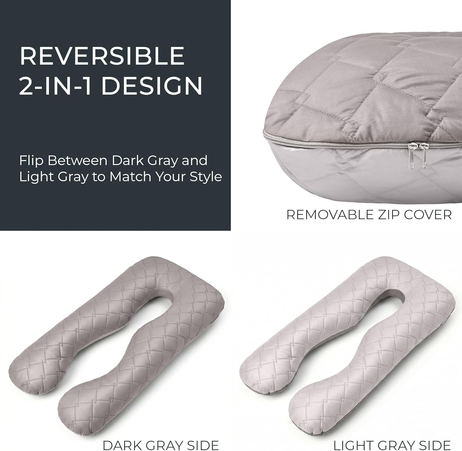 U Shaped Body Pillow for Side Sleepers Full Body Support Pillow for Back Pain Relief & Recovery Quilted Microfiber Cover Firm Long Pillow Full Body Maternity Pregnancy Pillow 55 Inches Gray