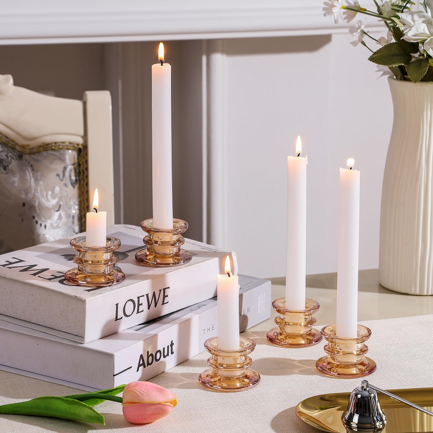 Glass Candle Sticks Holder Decor Clear Short Small Candlestick Holders Modern for Table Centerpiece Wedding Christmas Dinner Party (WZ-1-Amber-6pcs)