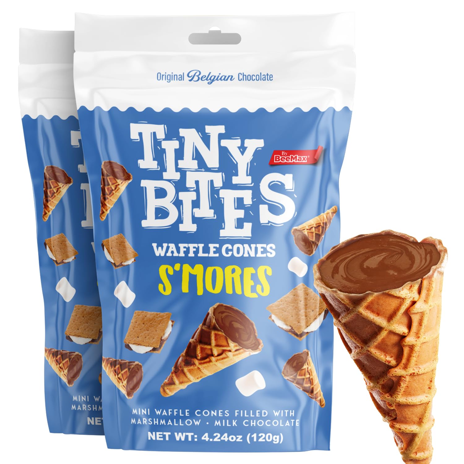 BeeMax Tiny Bites S’mores Mini Waffle Cones - 4.24 oz Bag (Pack of 2) - Crispy Waffle Cones Filled w/Belgian Milk Chocolate & Marshmallow Flavor - Smores Snacks for Parties, Lunchboxes, Dessert Boards