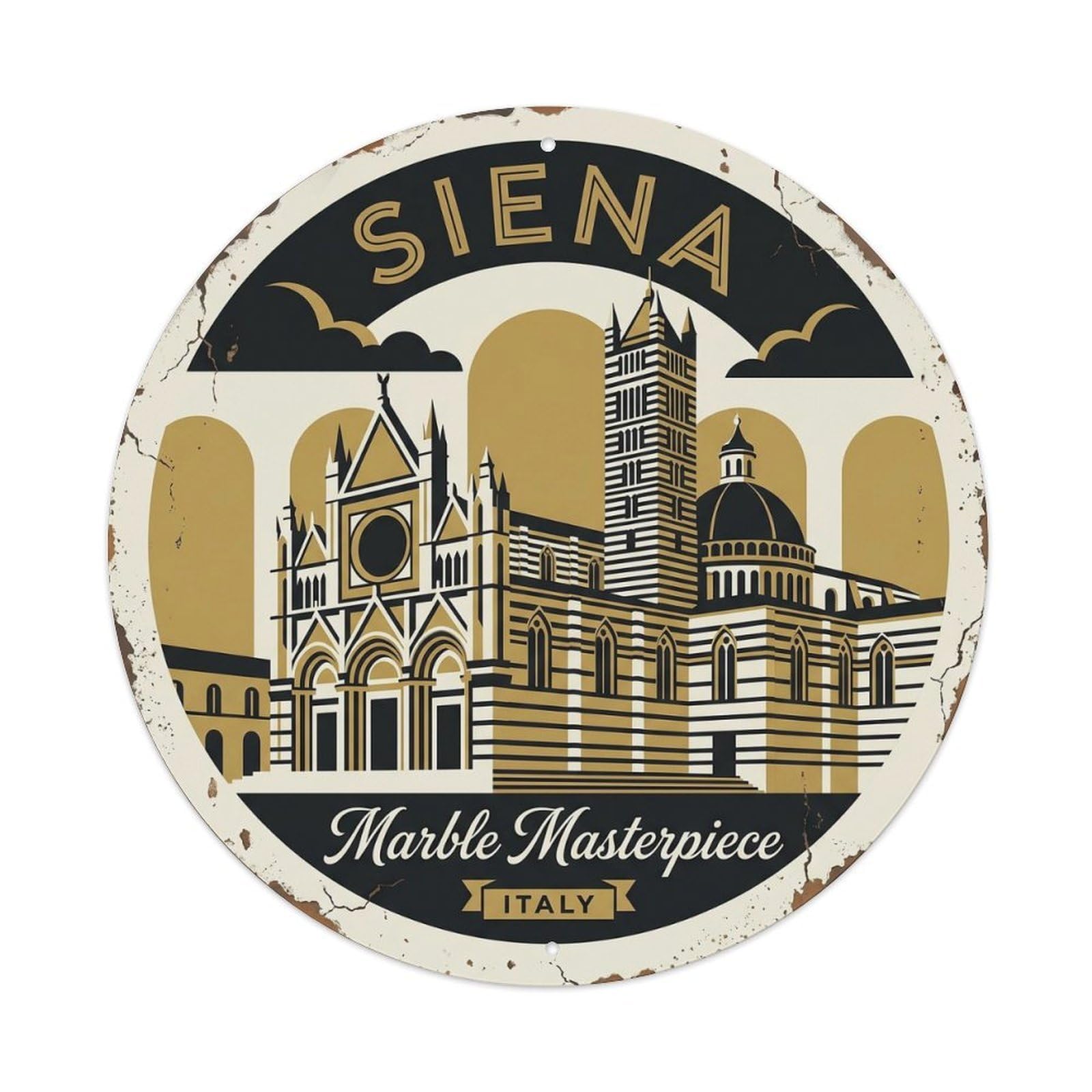 Vintage Travel Siena Cathedral Italy Metal Tin Sign Plaque Wall Decor for Cafe, Club, Garden Round Metal Poster 8x8Inch