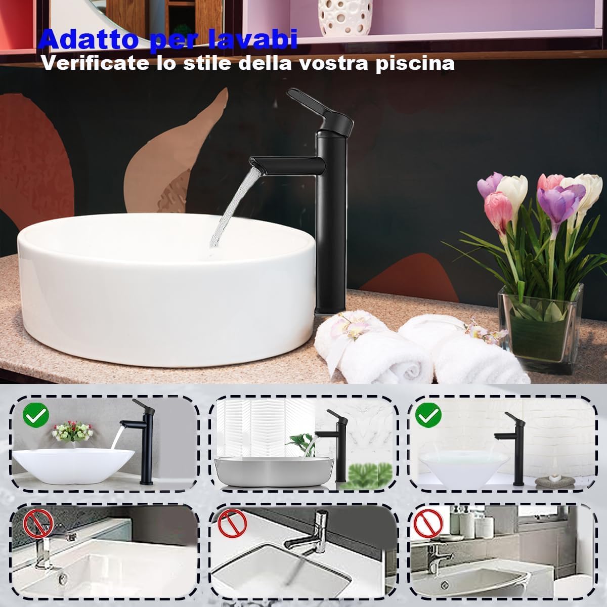 XWIHTR Rubinetti per lavabo e bagno caldi e freddi in acciaio inox, con risparmio idrico silenzioso e senza gocciolamento per bagno, lavabo, piccoli rubinetti da cucina (nero - alto)