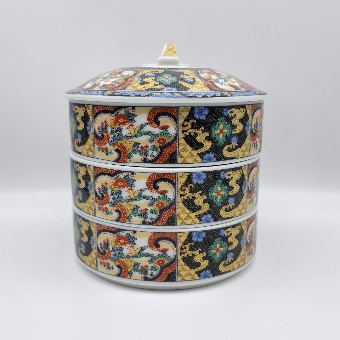 有田焼 明国窯 三段重 重ね鉢 陶磁器 中鉢 花紋 花鳥 金彩 お節 和食器