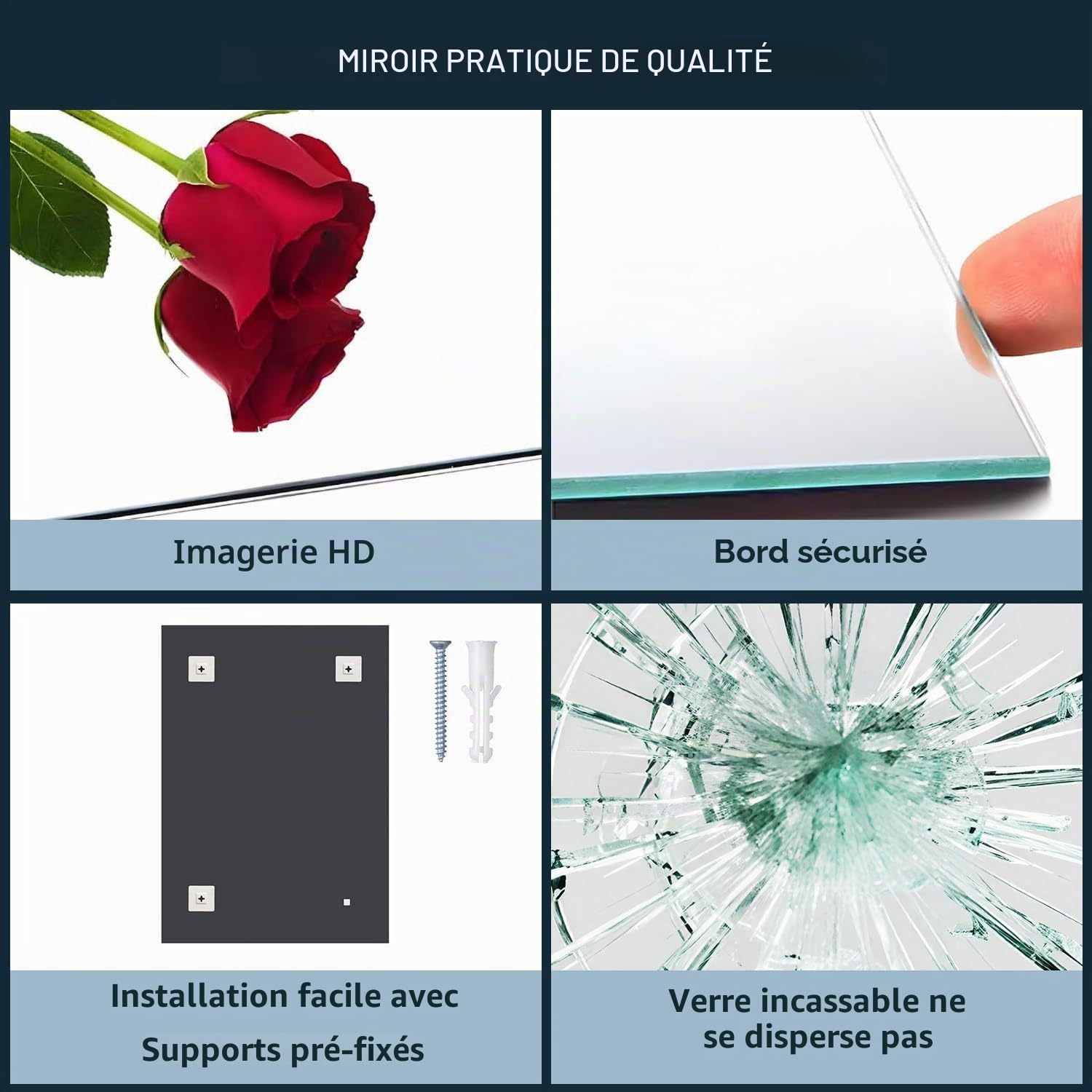 Miroir Rectangulaire Mural sans Cadre 40x60 cm, Miroir Salle de Bain Moderne, Miroir Mural Rectangulaire pour Salle de Bain, Salon, Chambre, Entree Maison