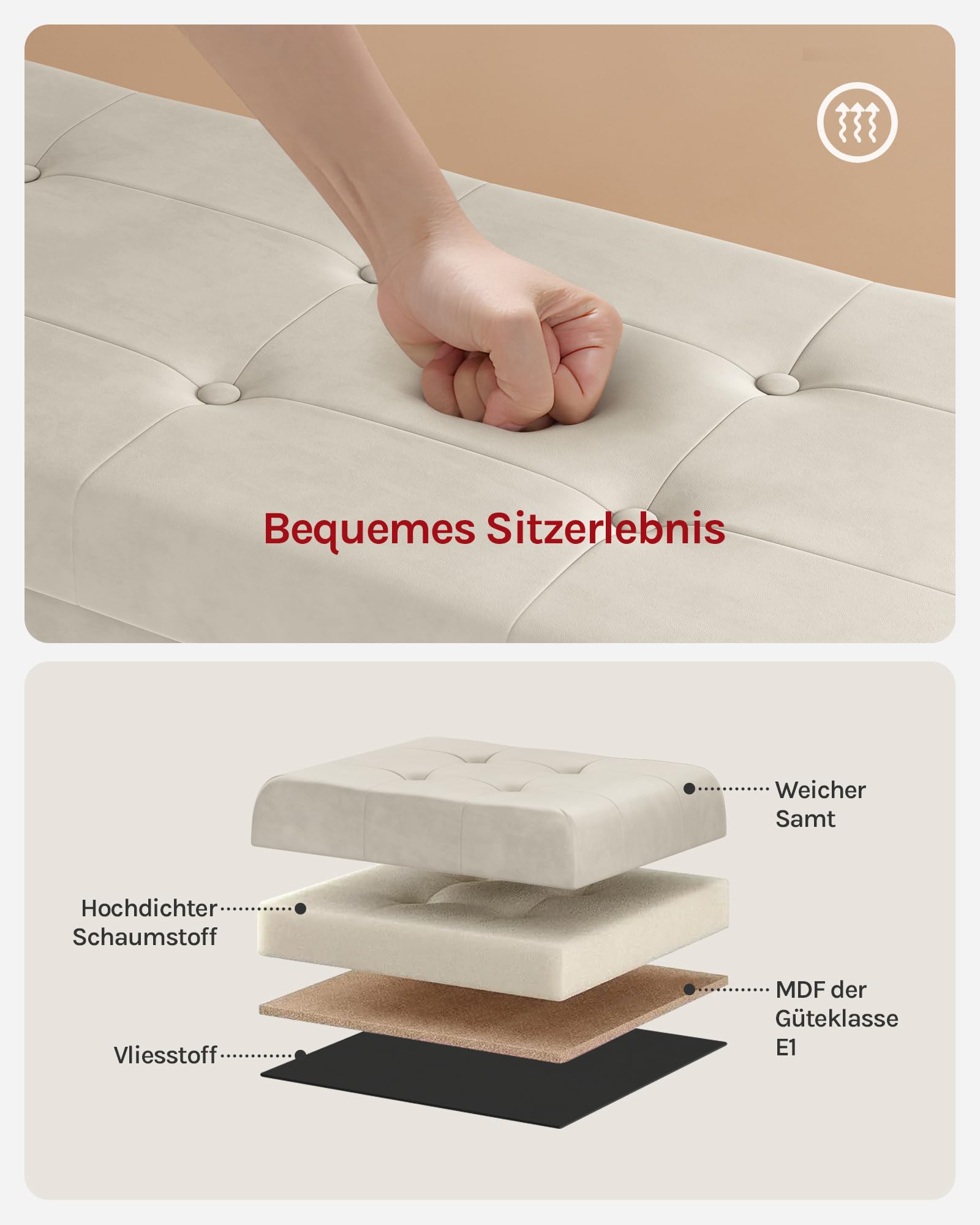 WOLTU Sitzbank mit Stauraum 110 cm, Truhe mit Stauraum 118 L faltbar, Sitztruhe Sitzbox Aufbewahrungsbox klappbar, Bettbank Schlafzimmer, belastbar bis 300 kg, aus Samt, Cremeweiß