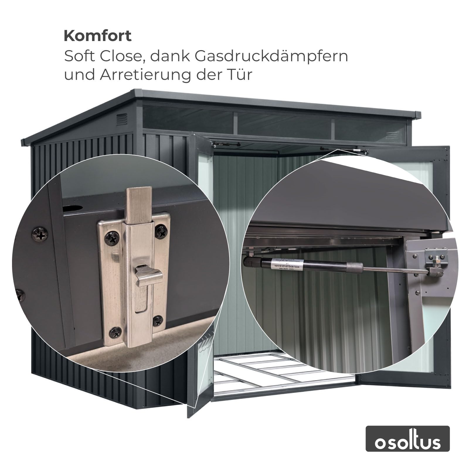 Gerätehaus Metall pulverbeschichtet anthrazit Pultdach 237x186x201/179 cm Tageslichtfenster Gasdruckdämpfer Schloss Lüftungsgitter 4m²