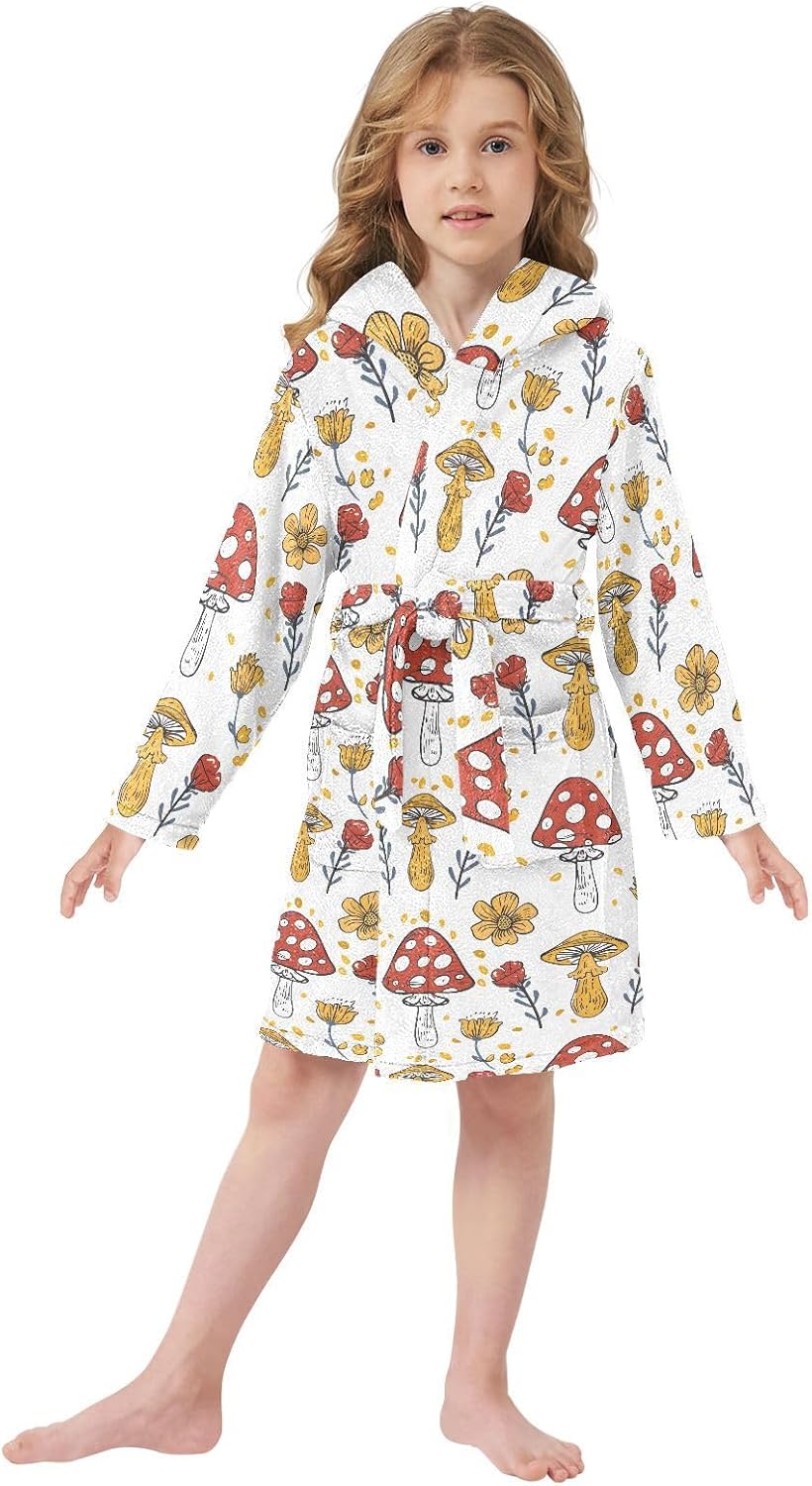 senya Mushroom and Sunflower 1 Toddler Hooded Bathrobe Kids Soft Plush Bath Towel Robes for Boys Girls 2-12 Years