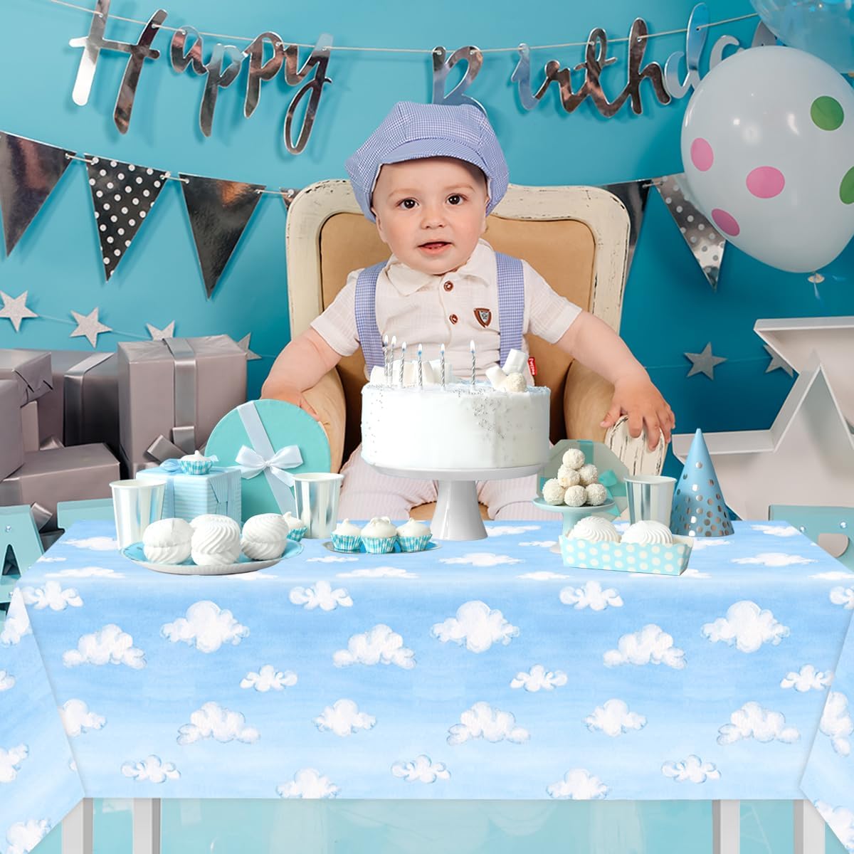 CMUSKO 3Pcs Cloud Tablecloths-Cartoon Story Party Supplies Blue Sky White Clouds Rectangular Plastic Table Covers Cloud Themed Decorations for Baby Shower,Birthday