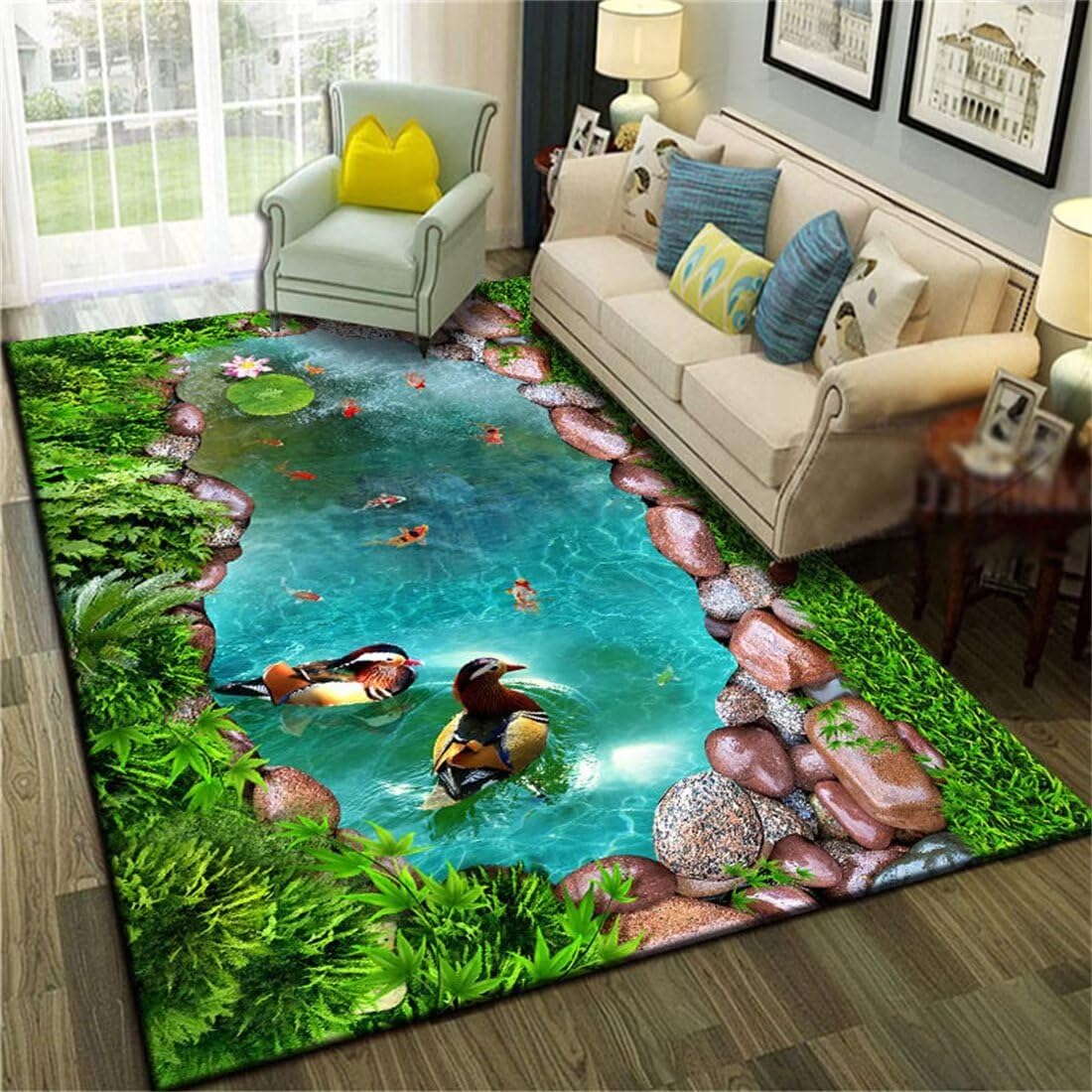 Tapis vert 120x170 cm pour décoration de chambre d'ado fille avec motif de paysage