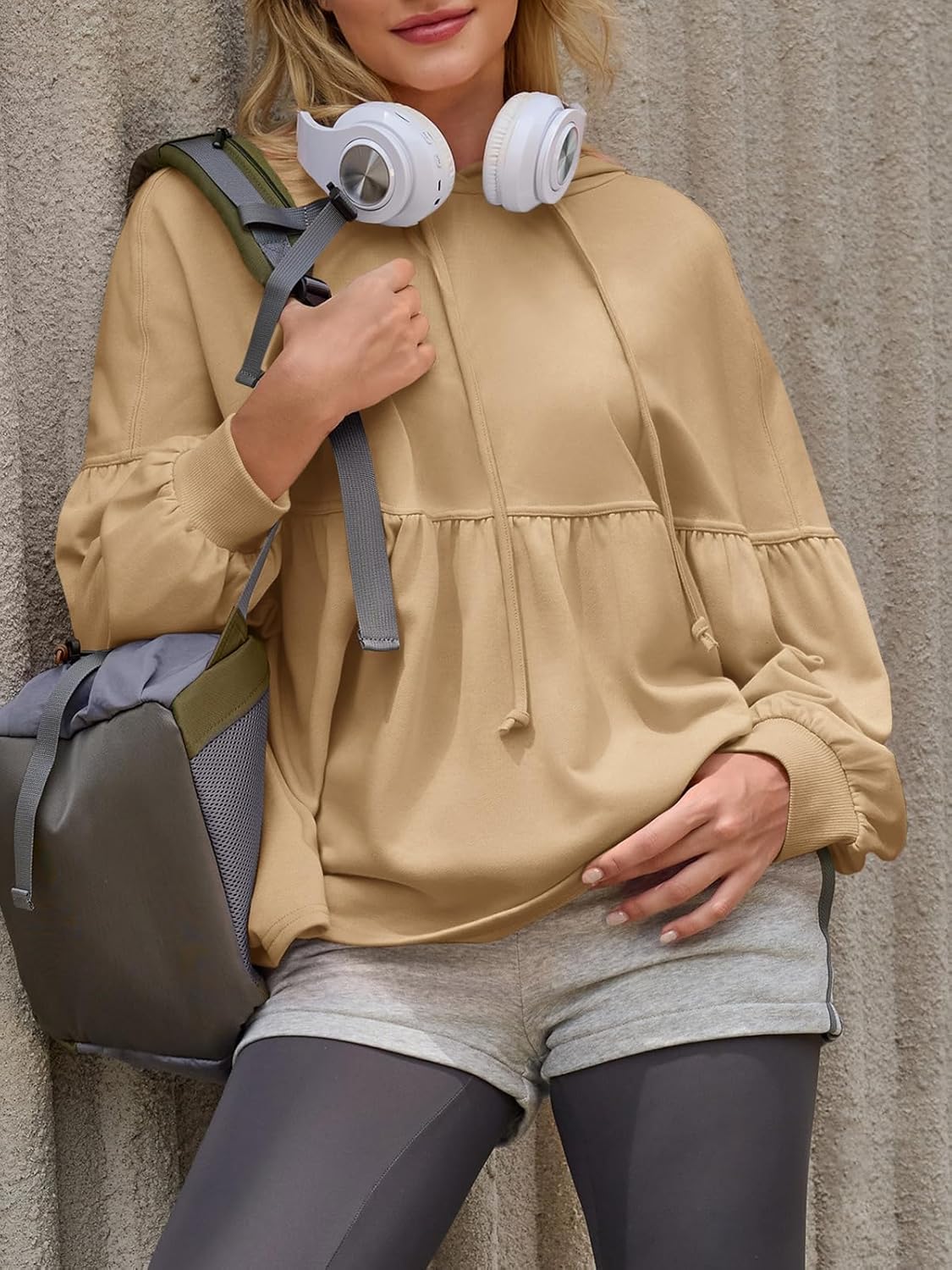 Fisoew Womens Oversized Hoodies Sweatshirts Casual Lantern Long Sleeve Drawstring Peplum Hem Loose Hooded Pullover Tops - Image 5