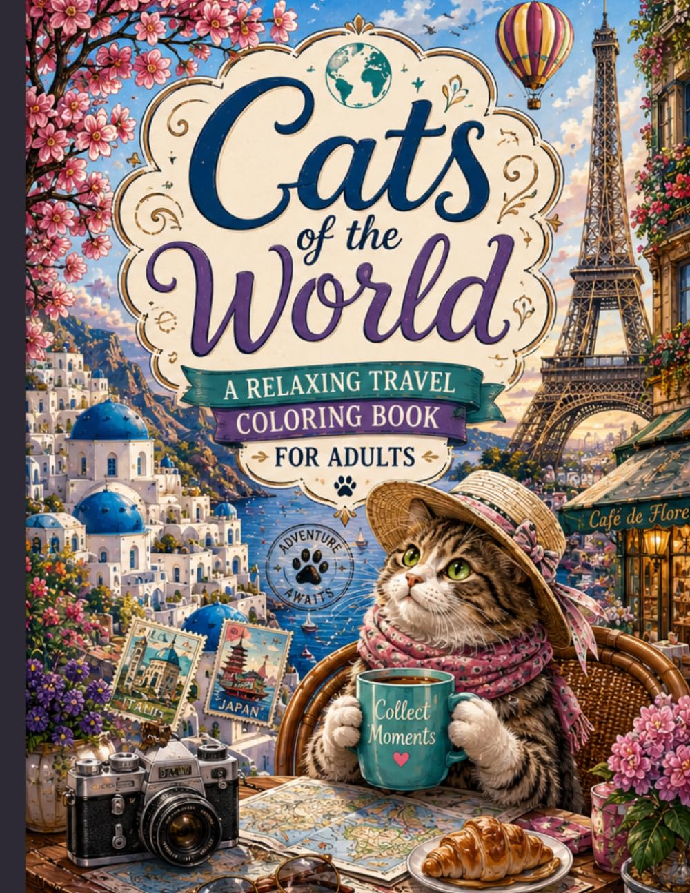 Cats of the World: A Relaxing Travel Coloring Book for Adults