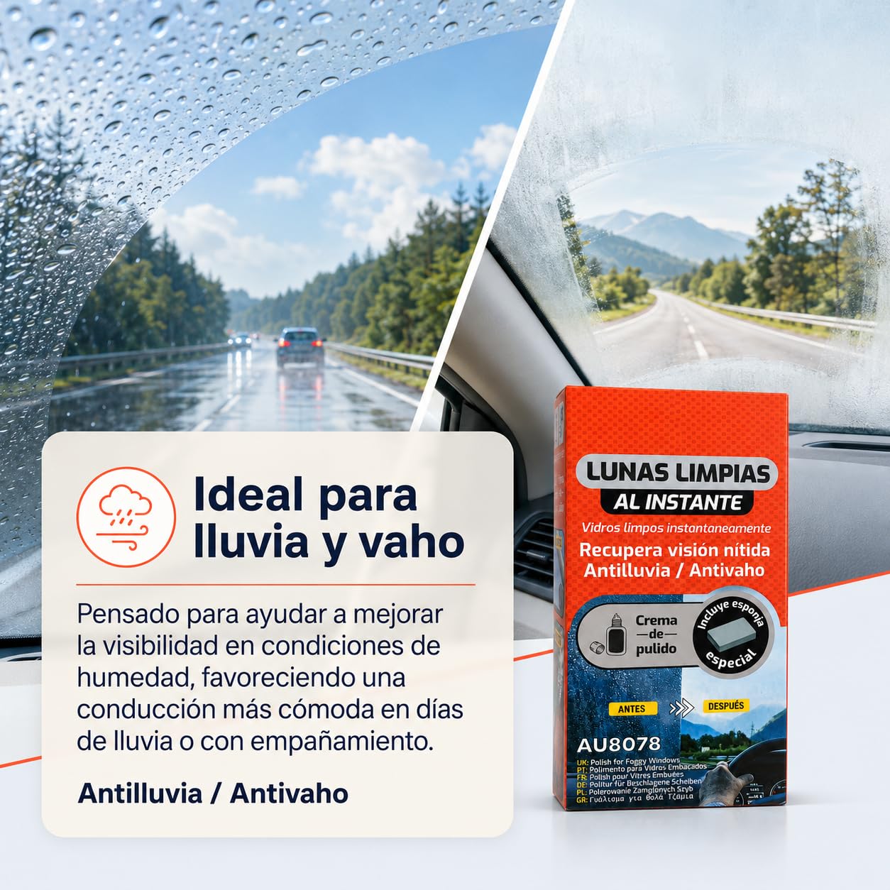 Pulimento Cristales Coche, Antilluvia y Antivaho, con Esponja, Pack de 12