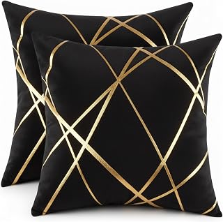 Decorative Velvet Cushion Covers 45X45Cm Square Plush Cushion Covers Gold Stripe Plush Cushion Covers with Invisible Zipper Sofa Plush Cushion Covers for Living Room Bedroom 2 Pack Black