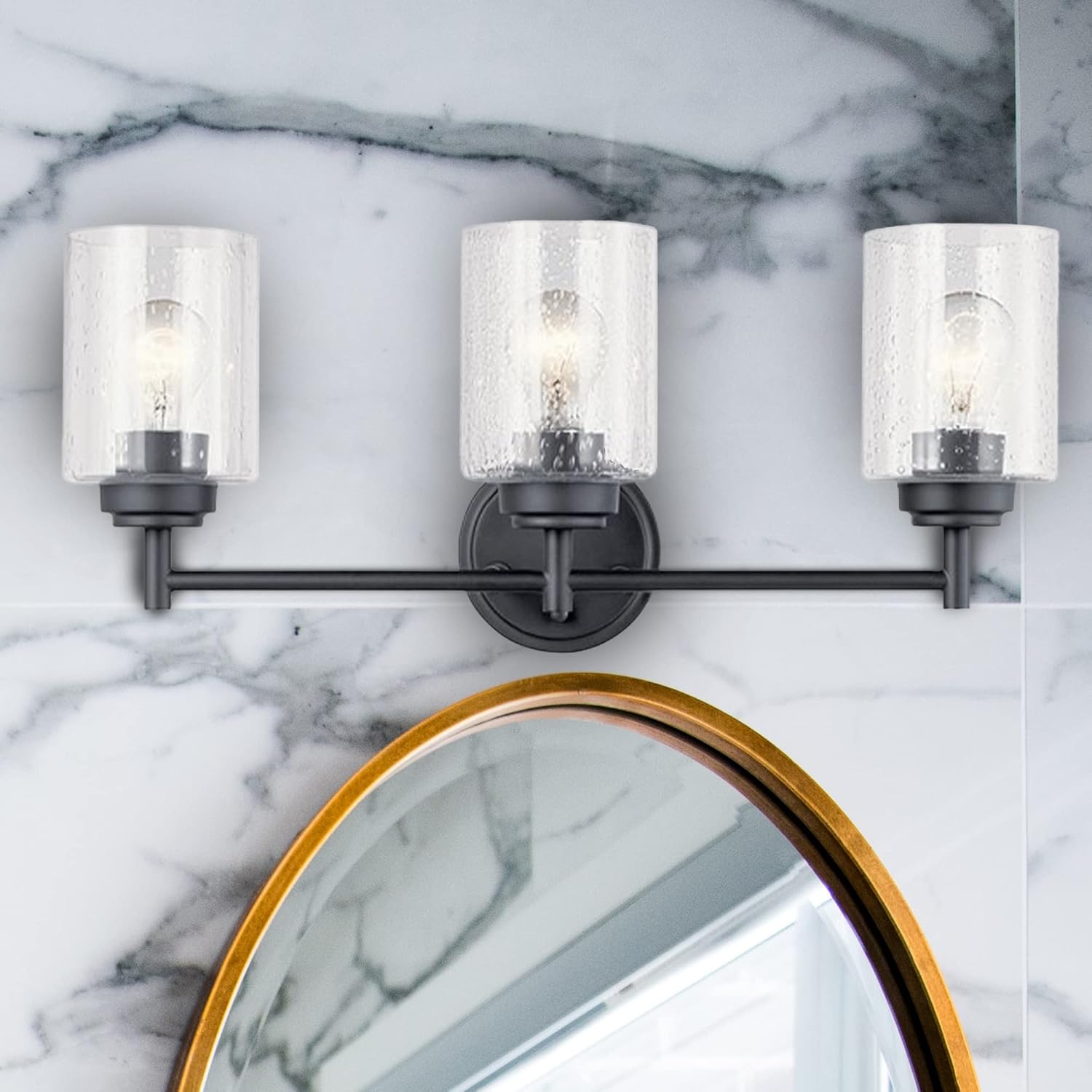 DYSMIO Wall Vanity Light - 3-Light Fixture with Crystal Clear Seeded Glass Shades - Modern Wall Sconce Lighting for Bathroom, Kitchen, Hallway, Home - with Mounting Hardware - Black