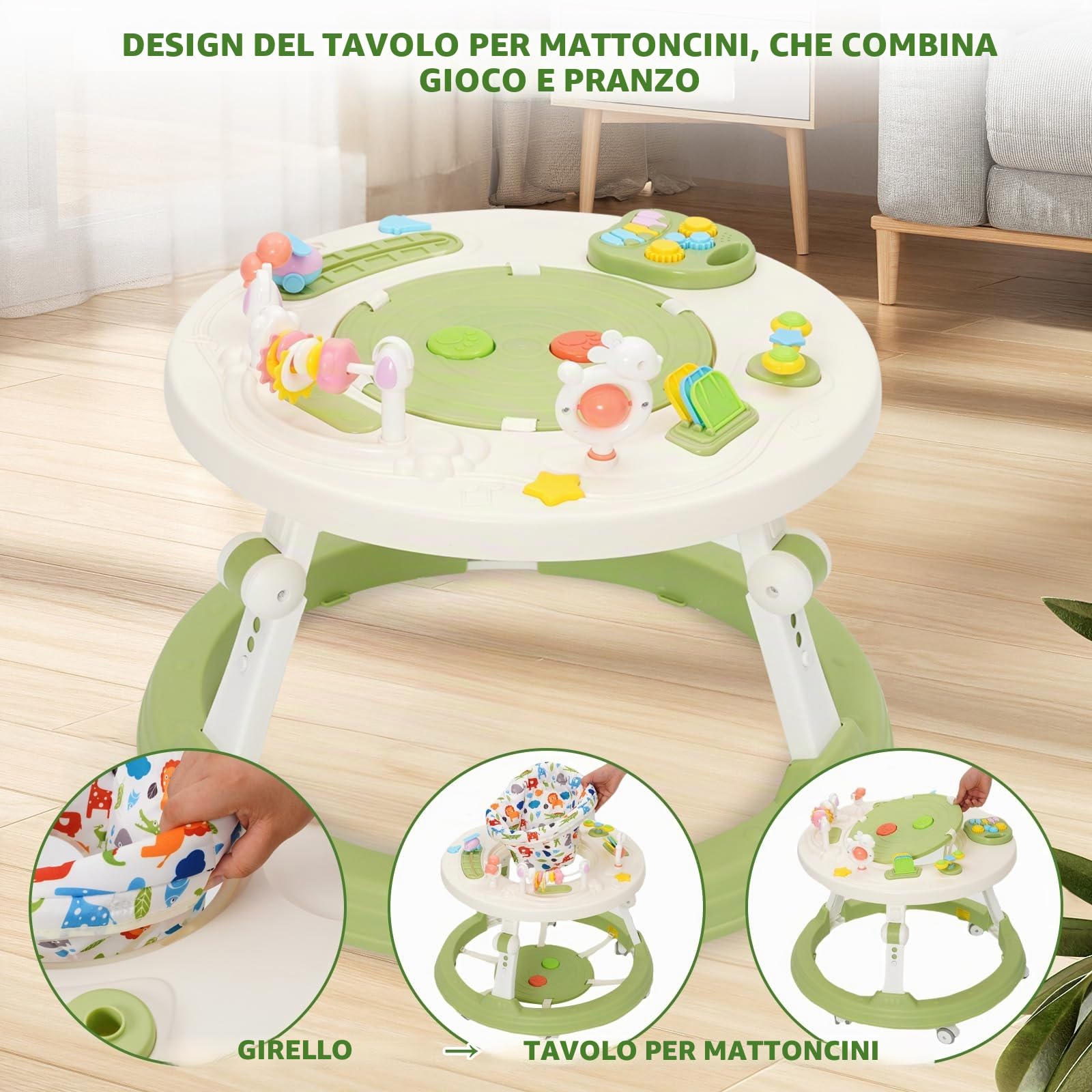 5 in 1 Girello Bambino,Pedaliera Musicale Giocattolo,Si Trasforma in un Tavolo per Costruzioni,Regolabile in Altezza e Pieghevole,Adatto a Bambini dai 6 Mesi in su che Stanno Imparando a Camminare
