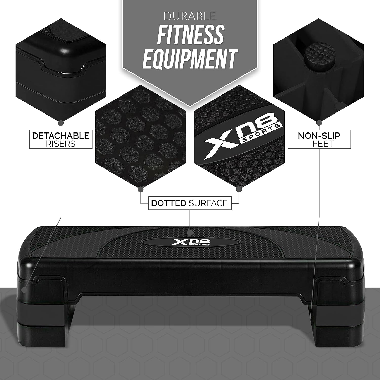 XN8 Aerobic Stepper for Exercise 3 Levels Adjustable Height 4" 6" & 8" Inch Exercise Step Platform Non Slip Step Board for Workout Home Gym Cardio Strength & Training | 31" Length x 12" Width (Inches)