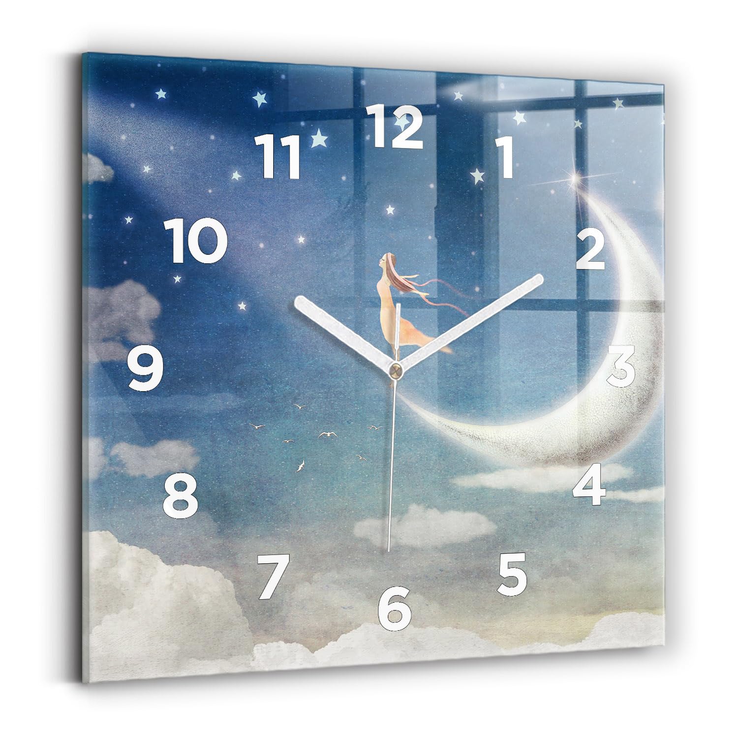 Horloge murale carrée haut de gamme Wallfluent au design fille sur la lune