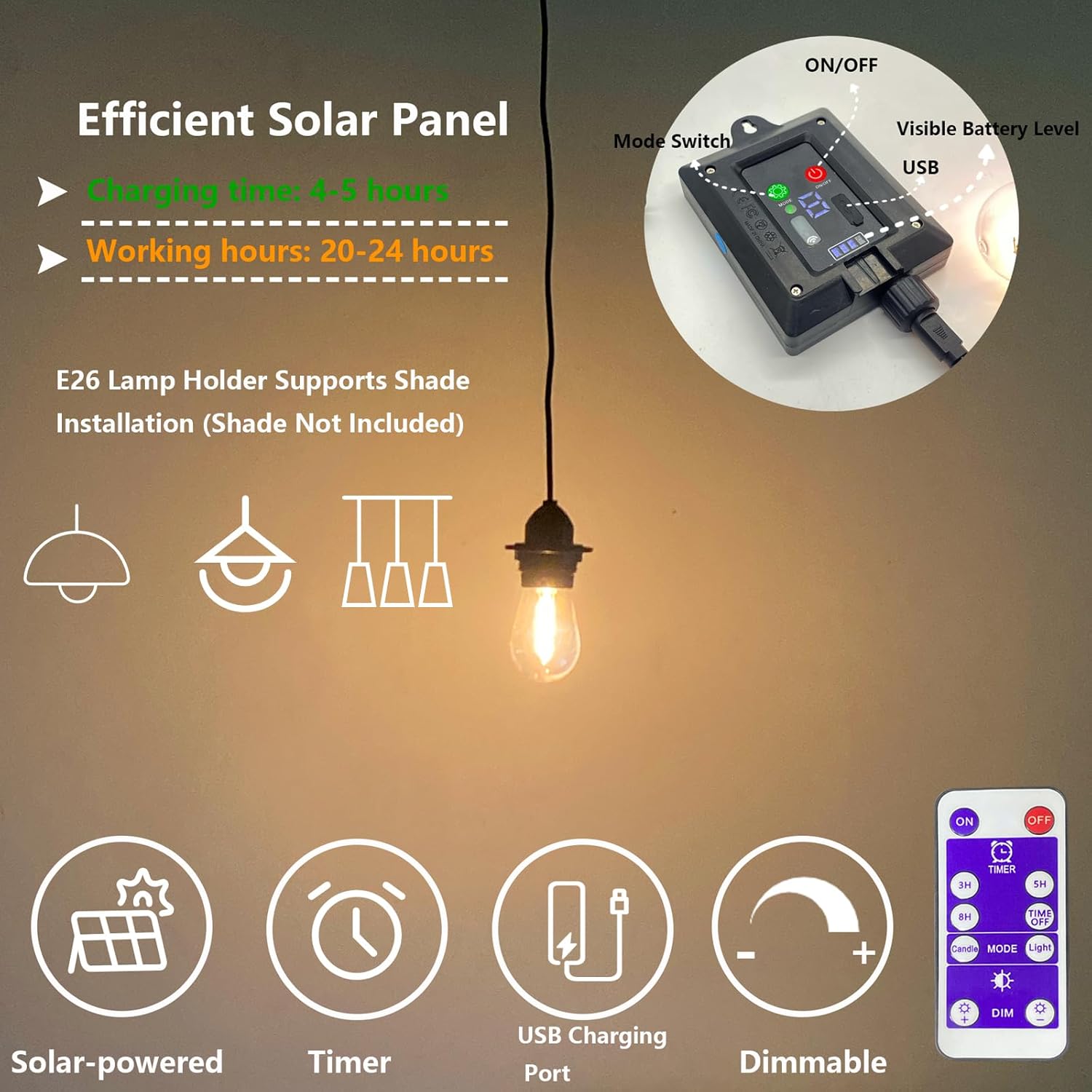 2x Solar Powered Pendant Lights, USB & Solar Dual Charging Outdoor Hanging Lamp IP65 Waterproof Portable Camping Lantern with Remote 8 Lighting Modes Dimmable & Timer, for Patio Garden Tent Emergency