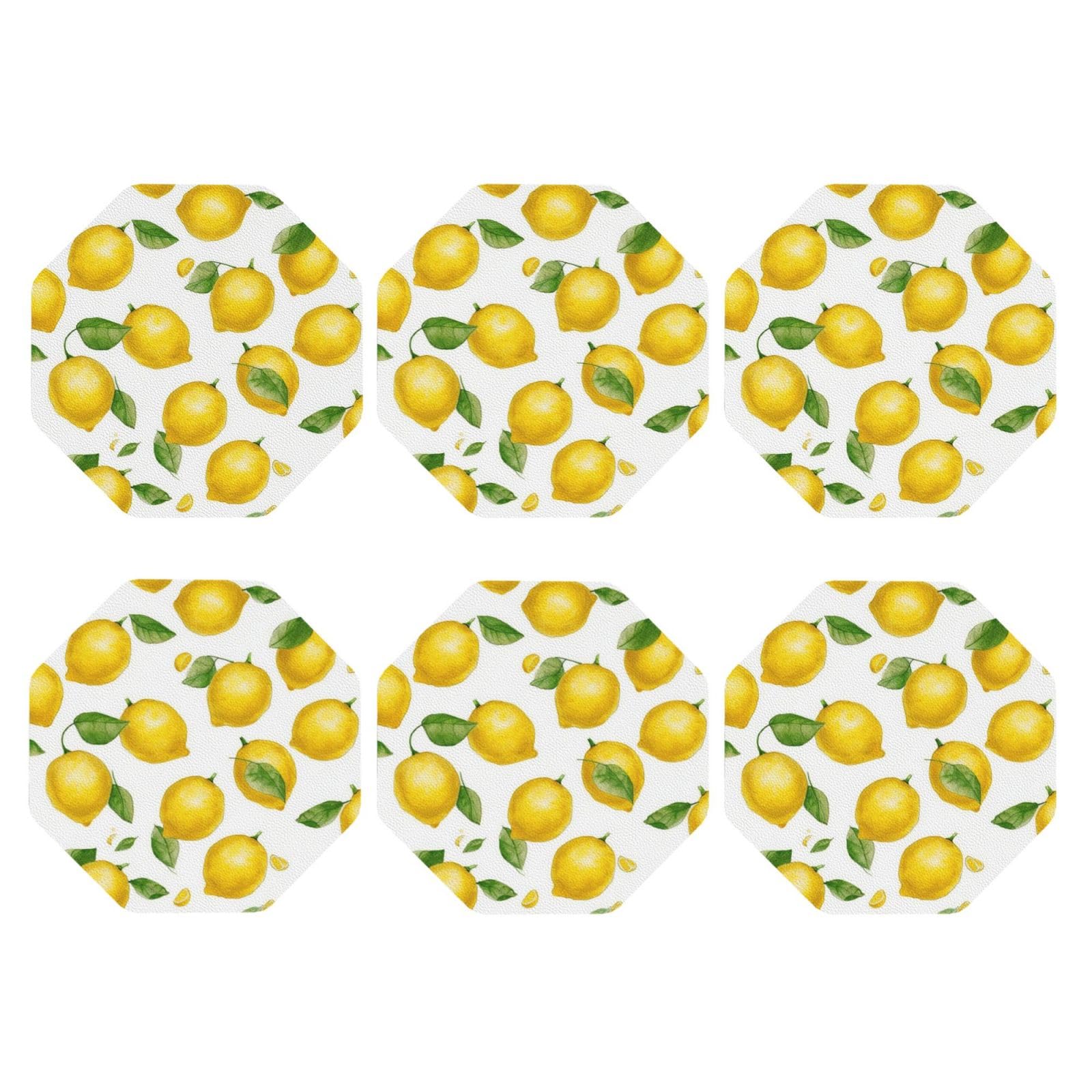 6pcs Leather Coasters for Drinks, Yellow Lemon Drink Coasters for Tabletop Protection, 4" Cup Coasters for Coffee Table Decor, Non-Slip Drinking Cup Mat for Hot Or Cold Drink