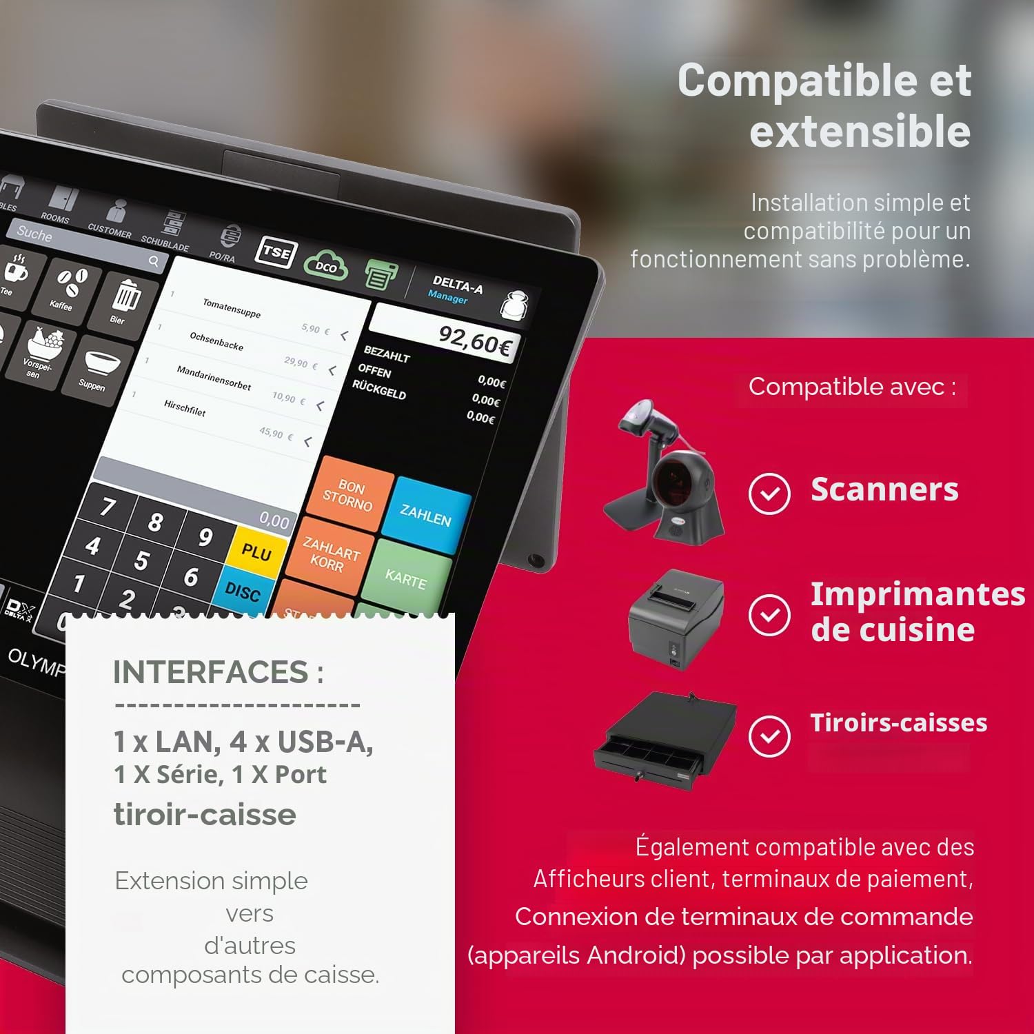 Olympia T215DK Caisse enregistreuse pour la restauration et le commerce | Système de caisse électronique avec écran tactile | Écran tactile 15" | Caisse enregistreuse TSE | Imprimante thermique et