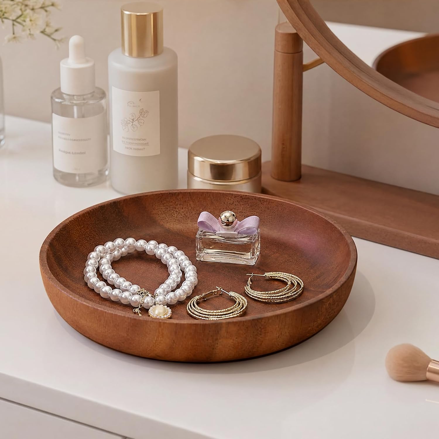Round Bowl for Key Catch All Bowl Candy Dish for Coffee Table Acacia Wood Decorative Bowls for Organizing Wallet Fruit Snacks,7.9"x7.9"x1.8"