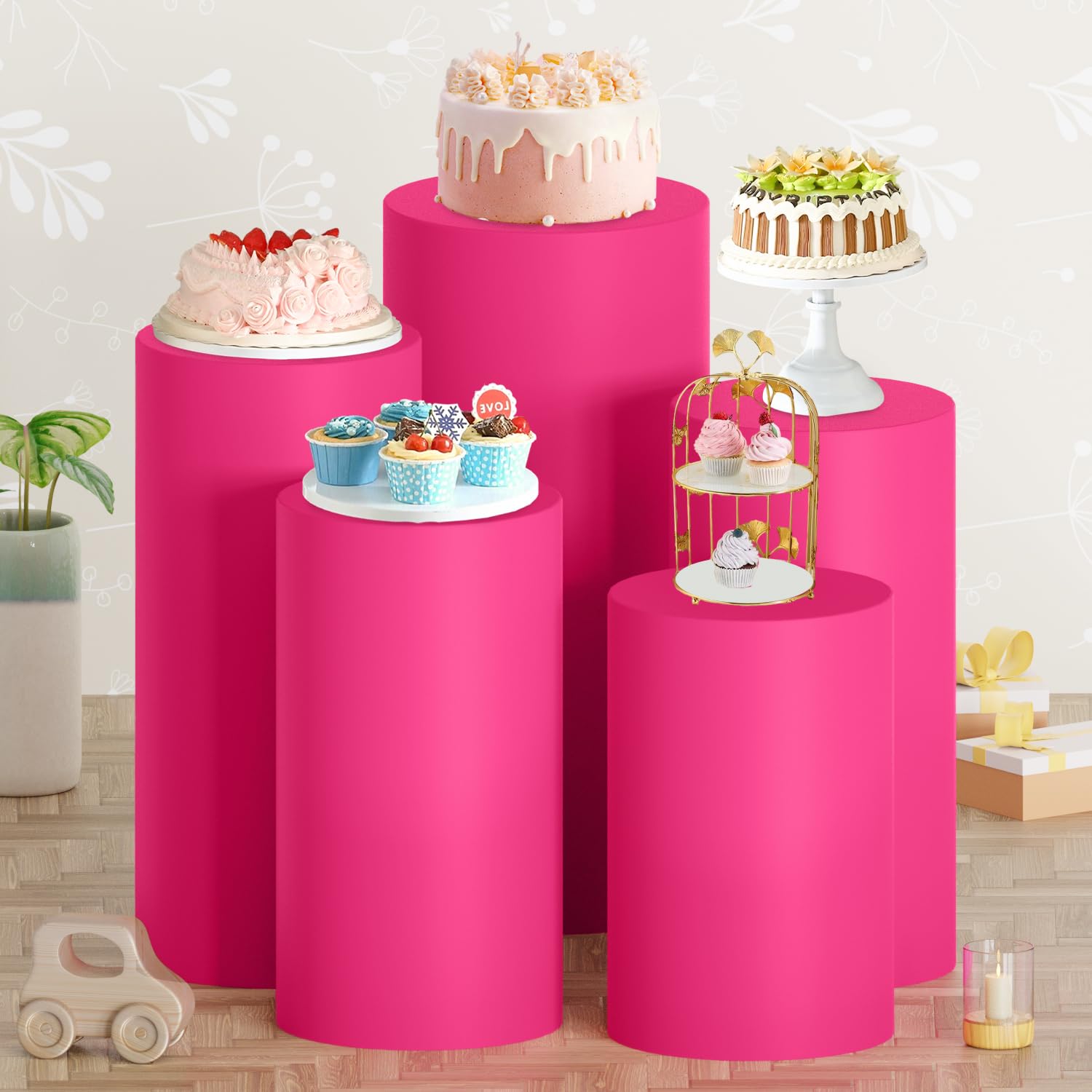 Cylinder Pedestal Cover Set of 5 Hot Pink Spandex Cylinder Stand Cover Cylinder Plinth Display Box Stand Covers Romantic Stretchy Cylinder Cover for Wedding Party Banquet Decoraiton